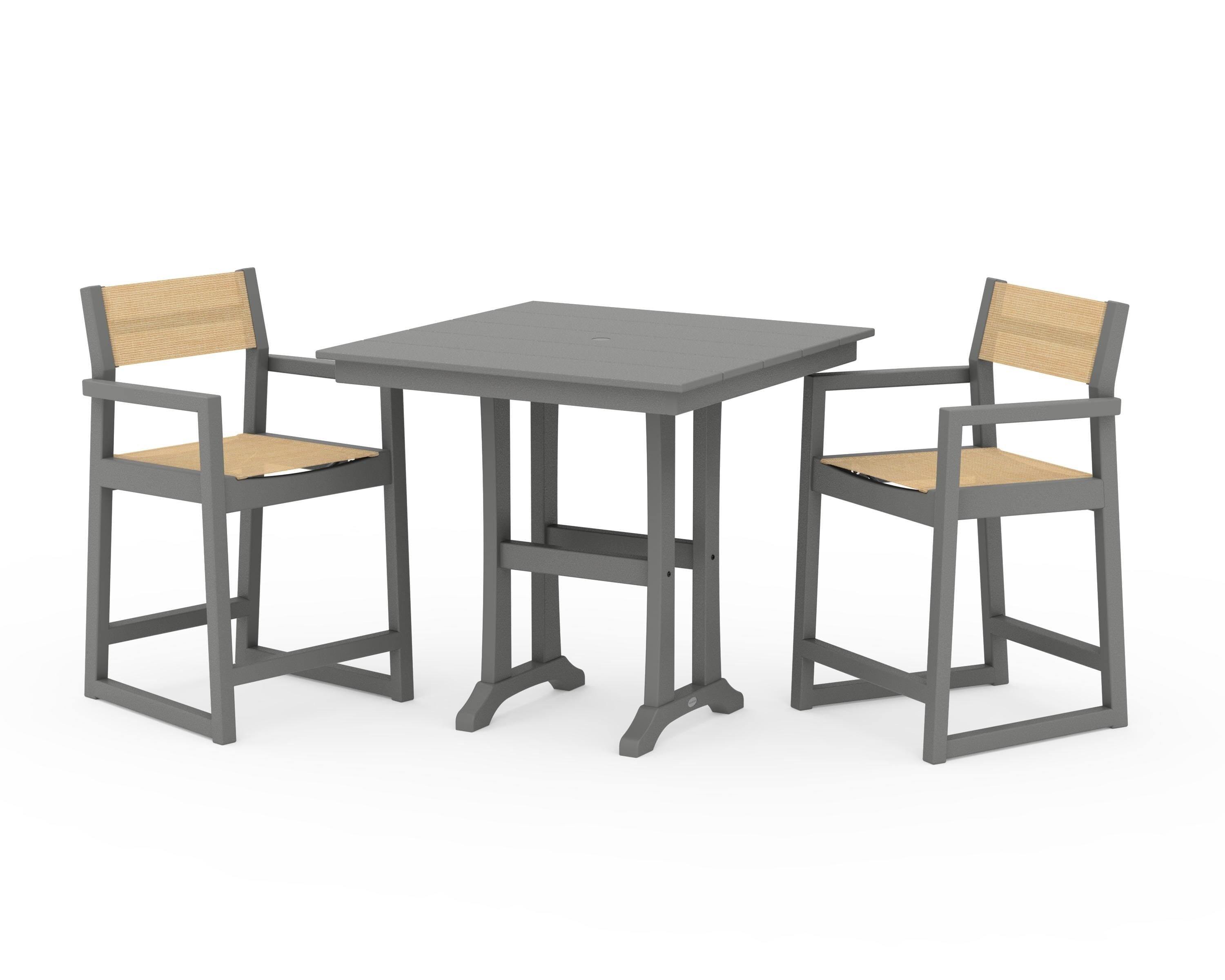 POLYWOOD EDGE Sling Arm Chair 3-Piece Farmhouse Counter Set with Trestle Legs in Slate Grey / Dupioni Apricot Sling