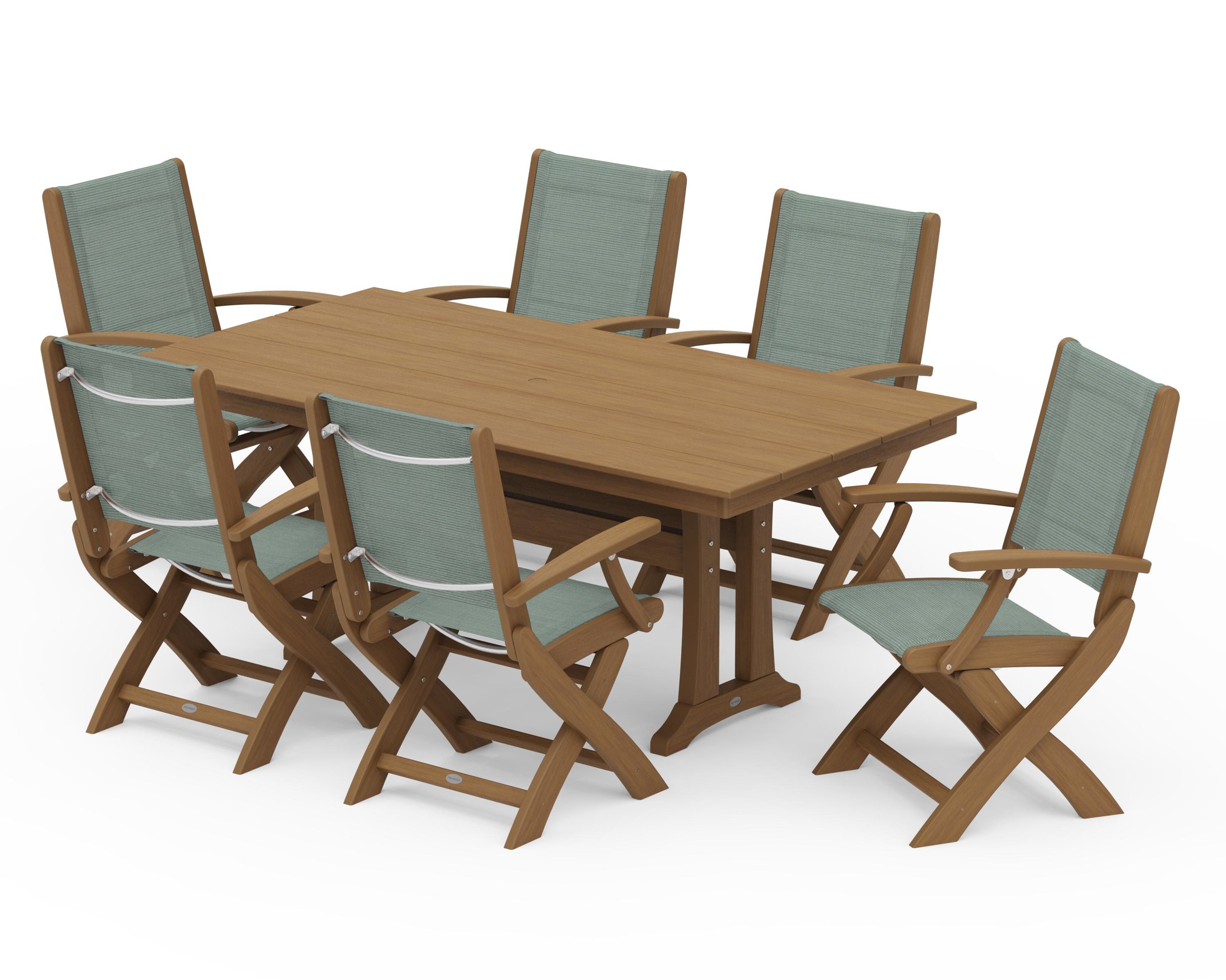 POLYWOOD Coastal Folding Arm Chair 7-Piece Farmhouse Dining Set with Trestle Legs in Natural / Dupioni Sea Mist Sling
