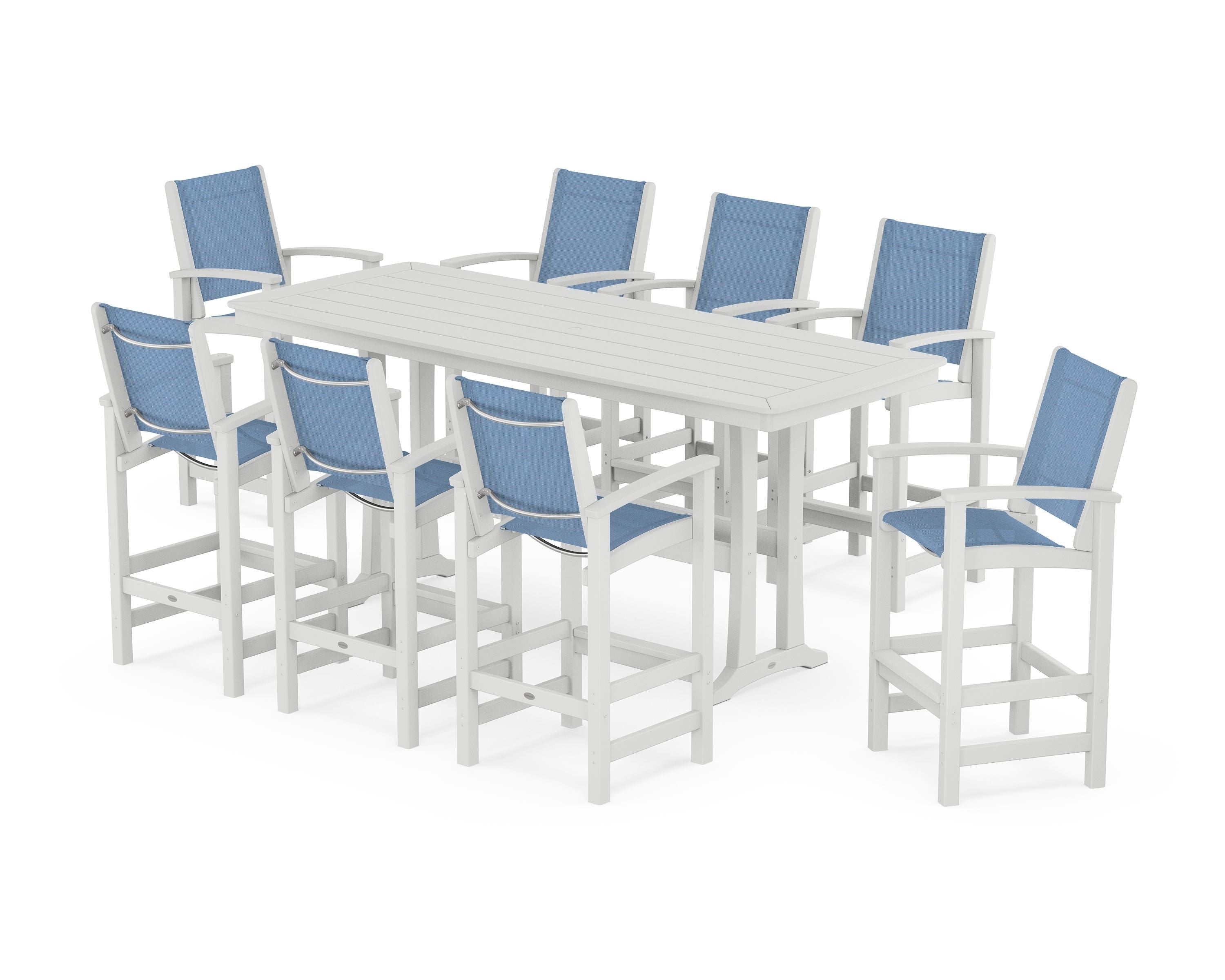POLYWOOD Coastal 9-Piece Bar Set with Trestle Legs in White / Poolside Sling