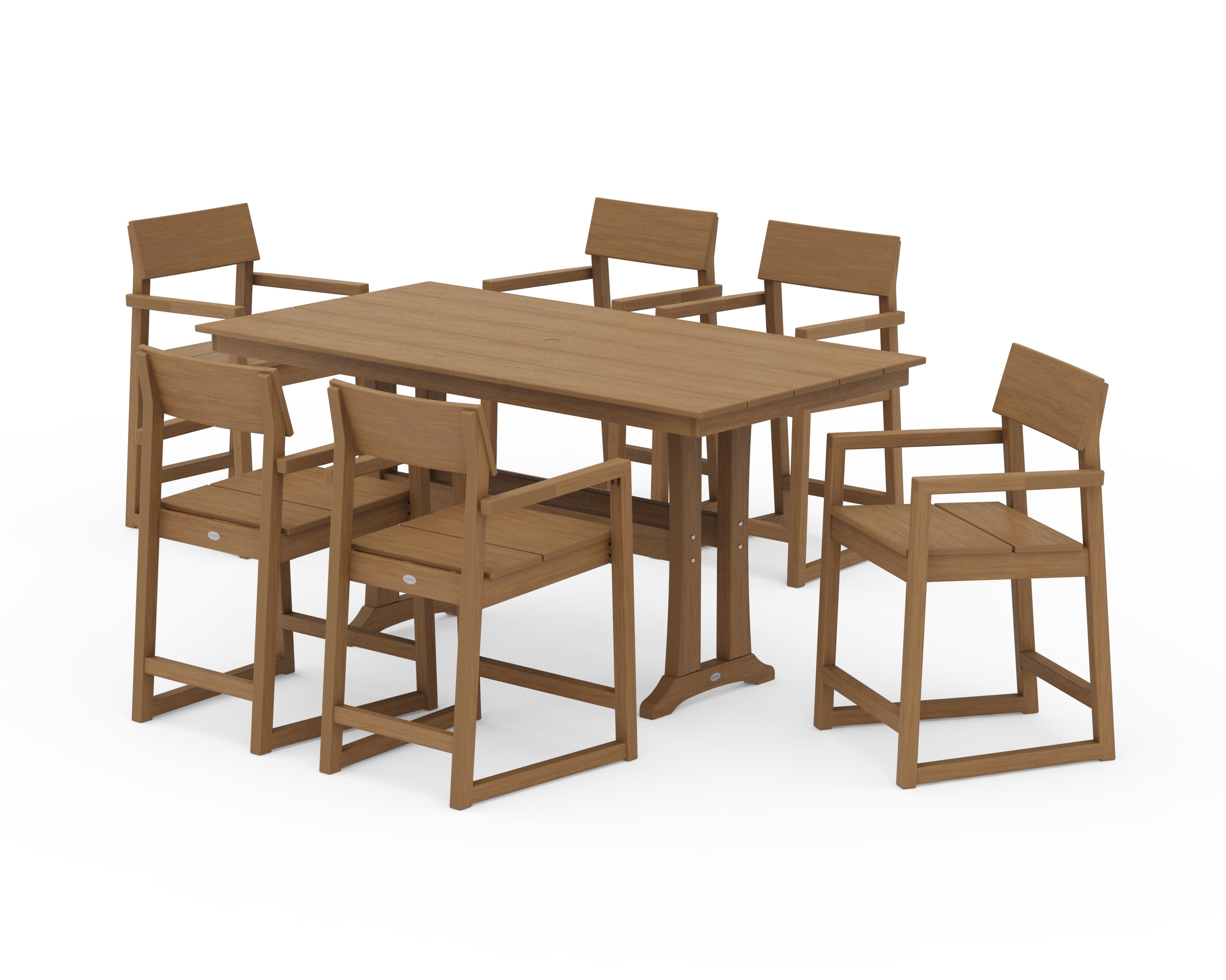 POLYWOOD EDGE Arm Chair 7-Piece Farmhouse Counter Set with Trestle Legs in Natural