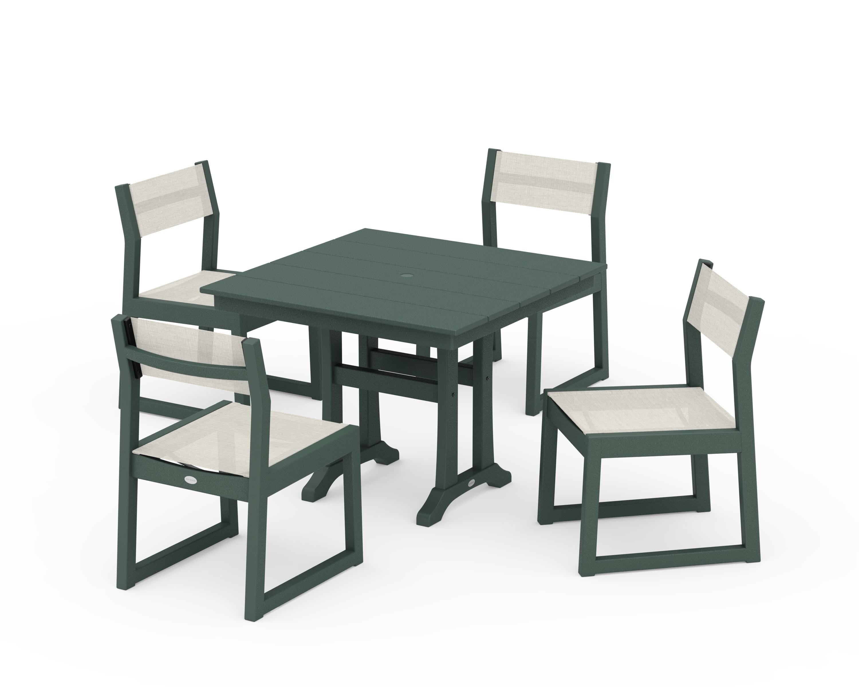 POLYWOOD EDGE Sling 5-Piece Farmhouse Trestle Side Chair Dining Set in Green / Parchment Sling
