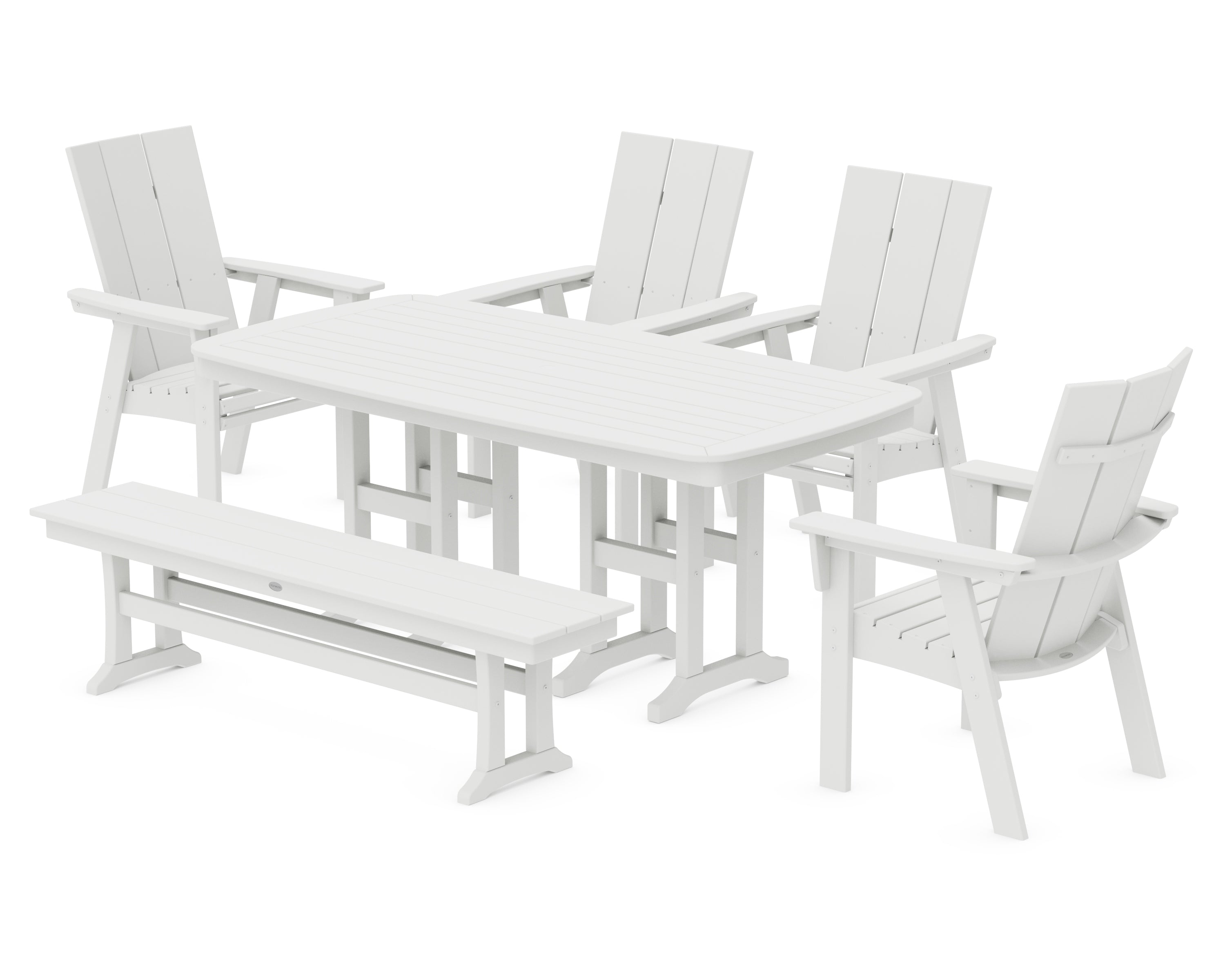 POLYWOOD Modern Curveback Adirondack 6-Piece Dining Set with Bench in White