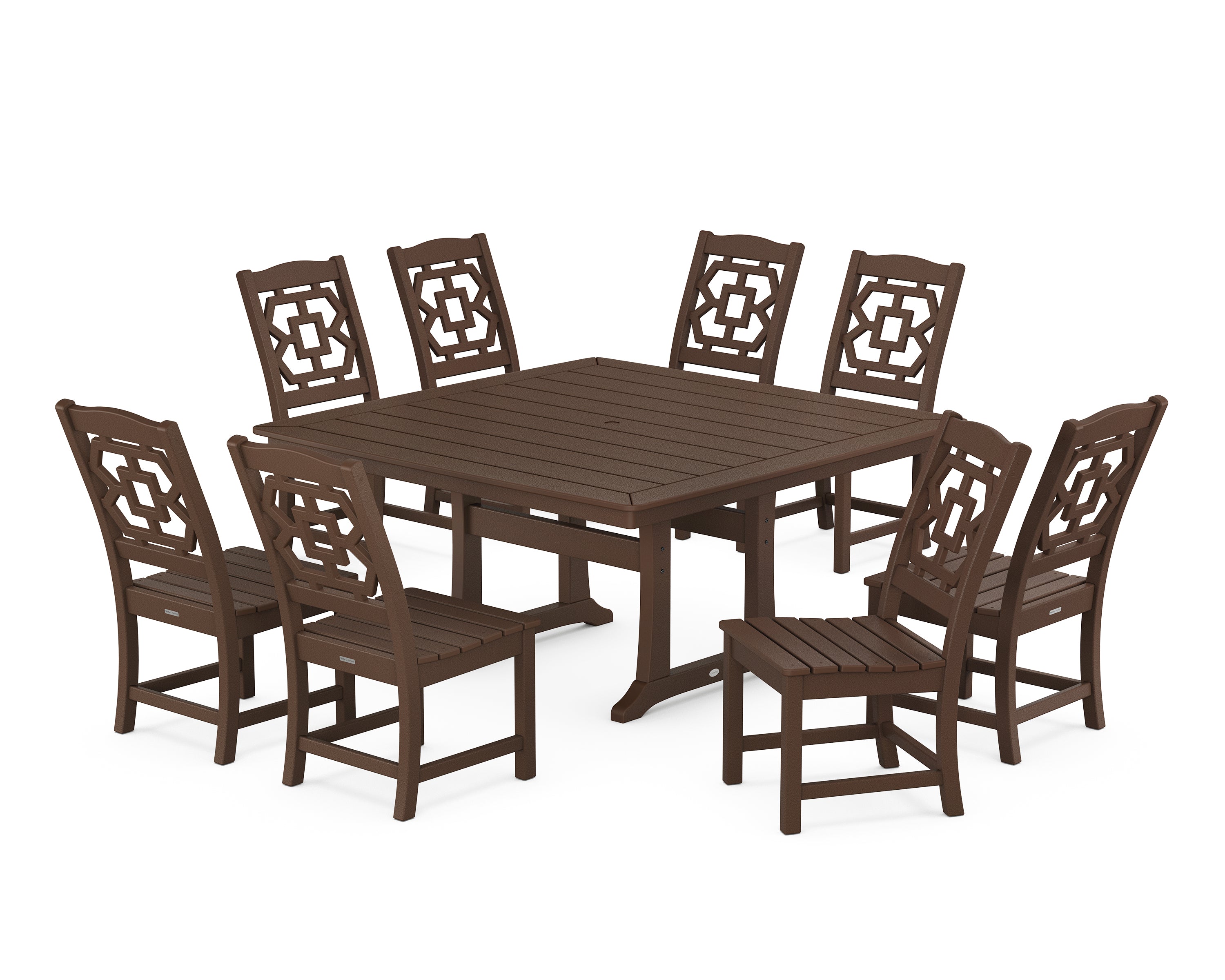 Martha Stewart by POLYWOOD® Chinoiserie 9-Piece Square Side Chair Dining Set with Trestle Legs in Mahogany