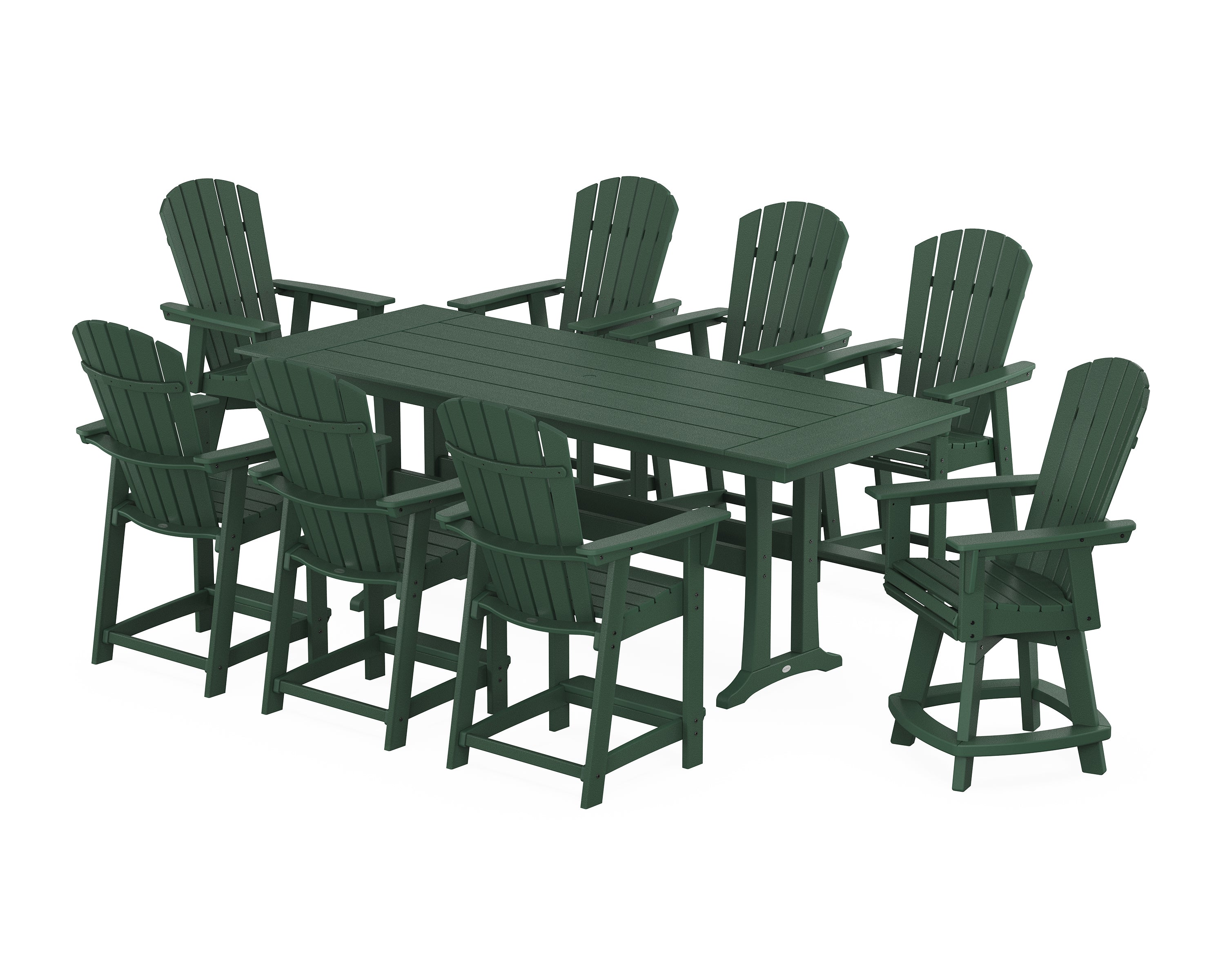 POLYWOOD Nautical Curveback Adirondack Swivel Chair 9-Piece Farmhouse Counter Set with Trestle Legs in Green
