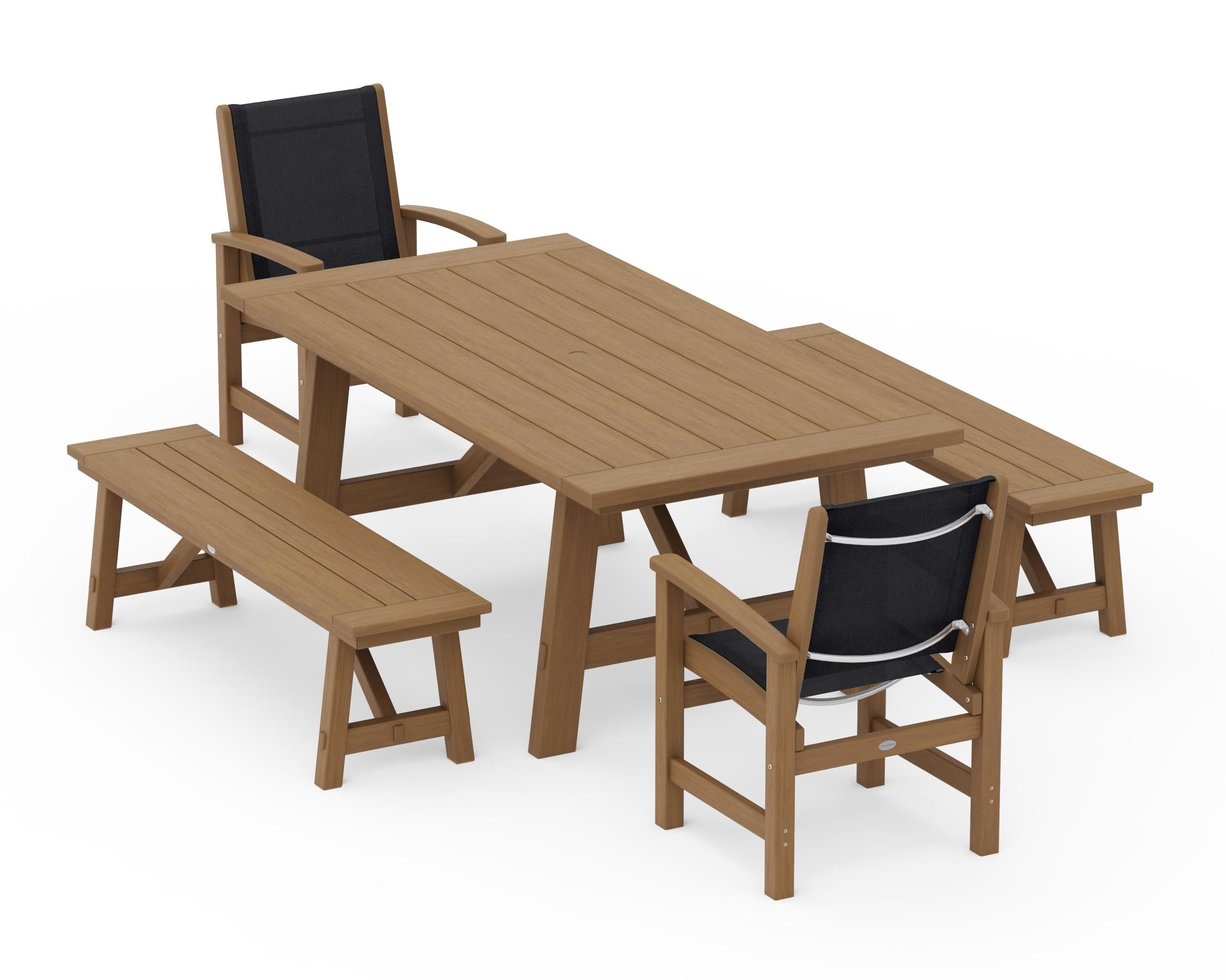 POLYWOOD Coastal 5-Piece Rustic Farmhouse Dining Set With Benches in Natural / Black Sling