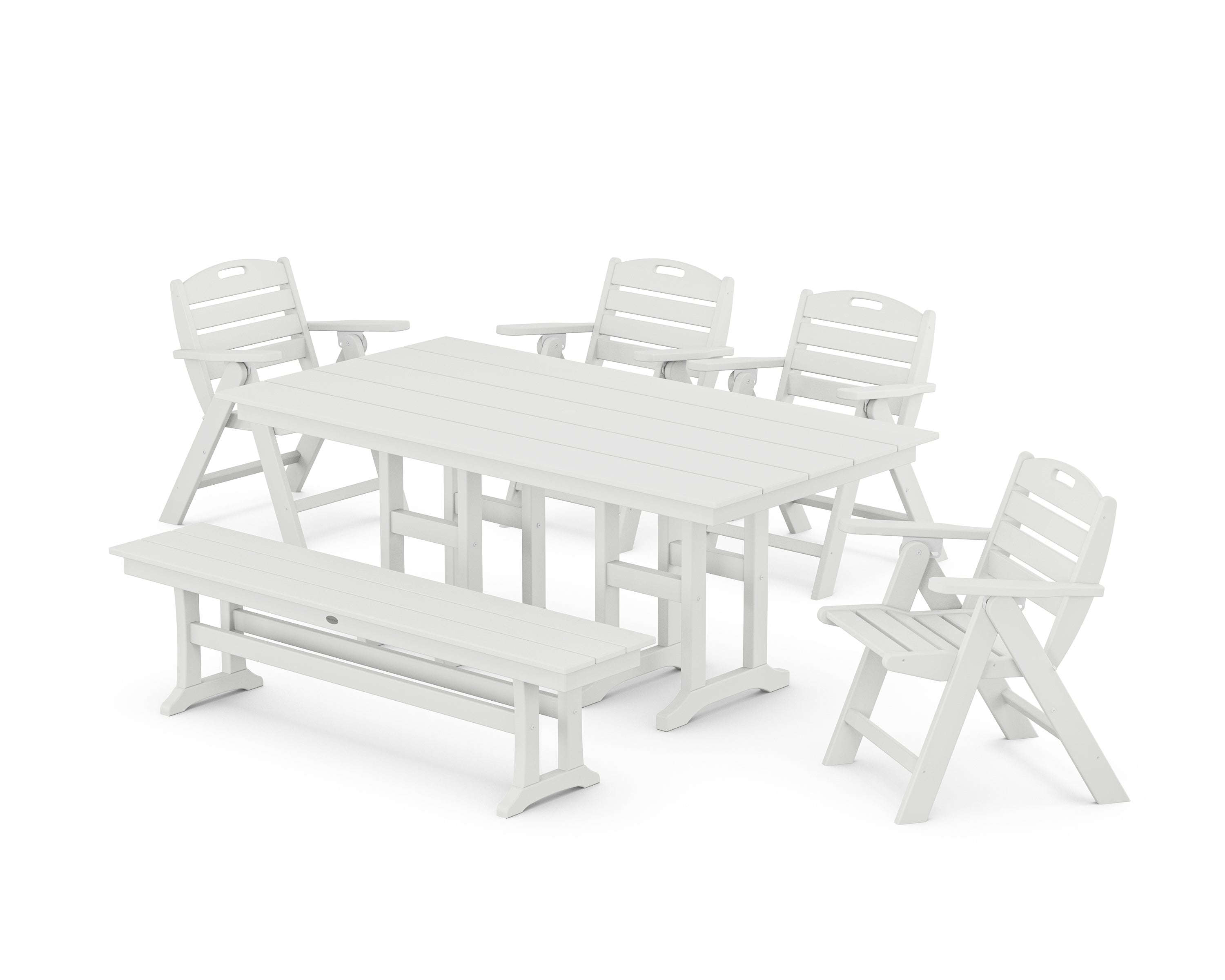 POLYWOOD Nautical Lowback 6-Piece Farmhouse Dining Set with Bench in White