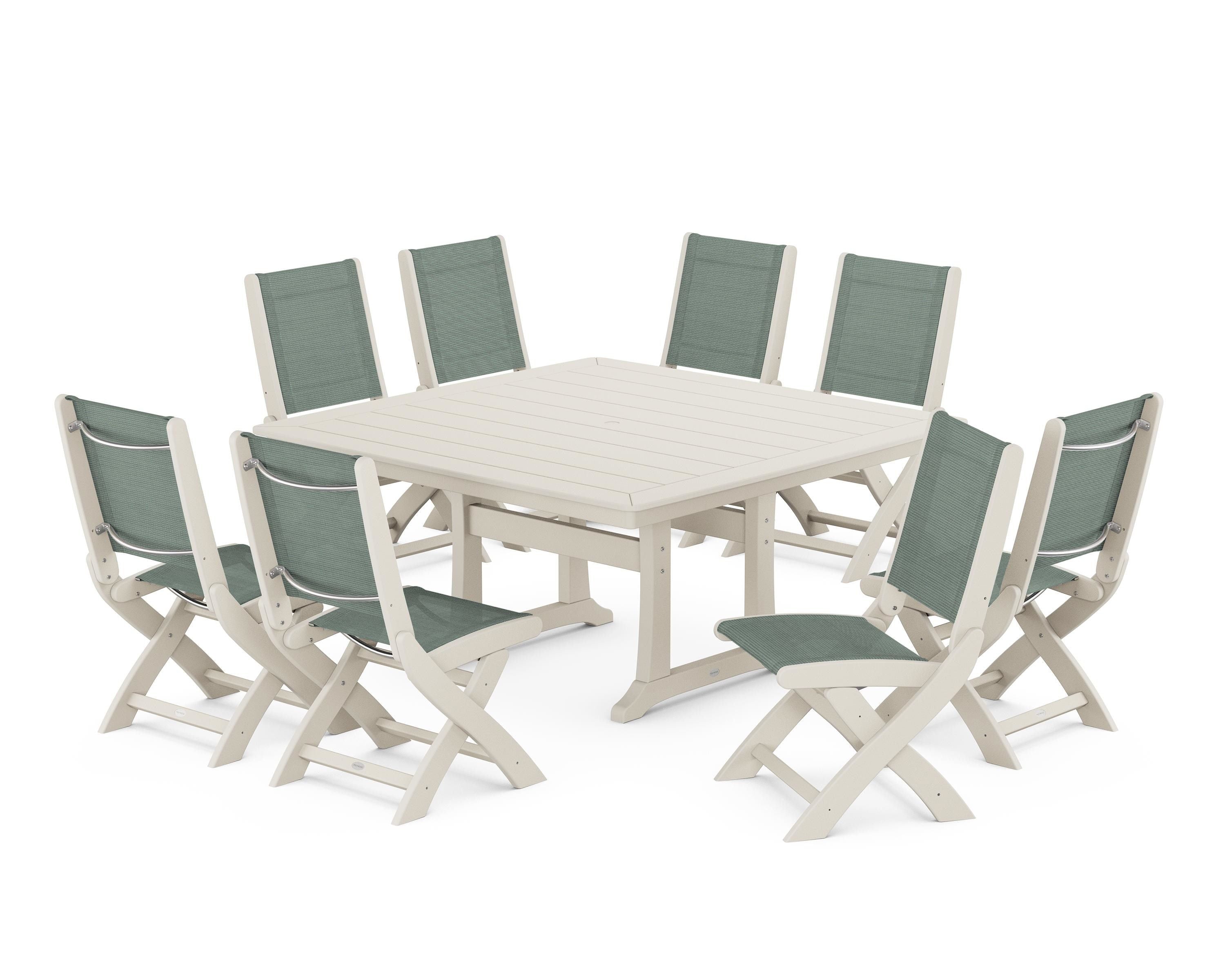 POLYWOOD Coastal Folding Side Chair 9-Piece Dining Set with Trestle Legs in Sand / Dupioni Sea Mist Sling
