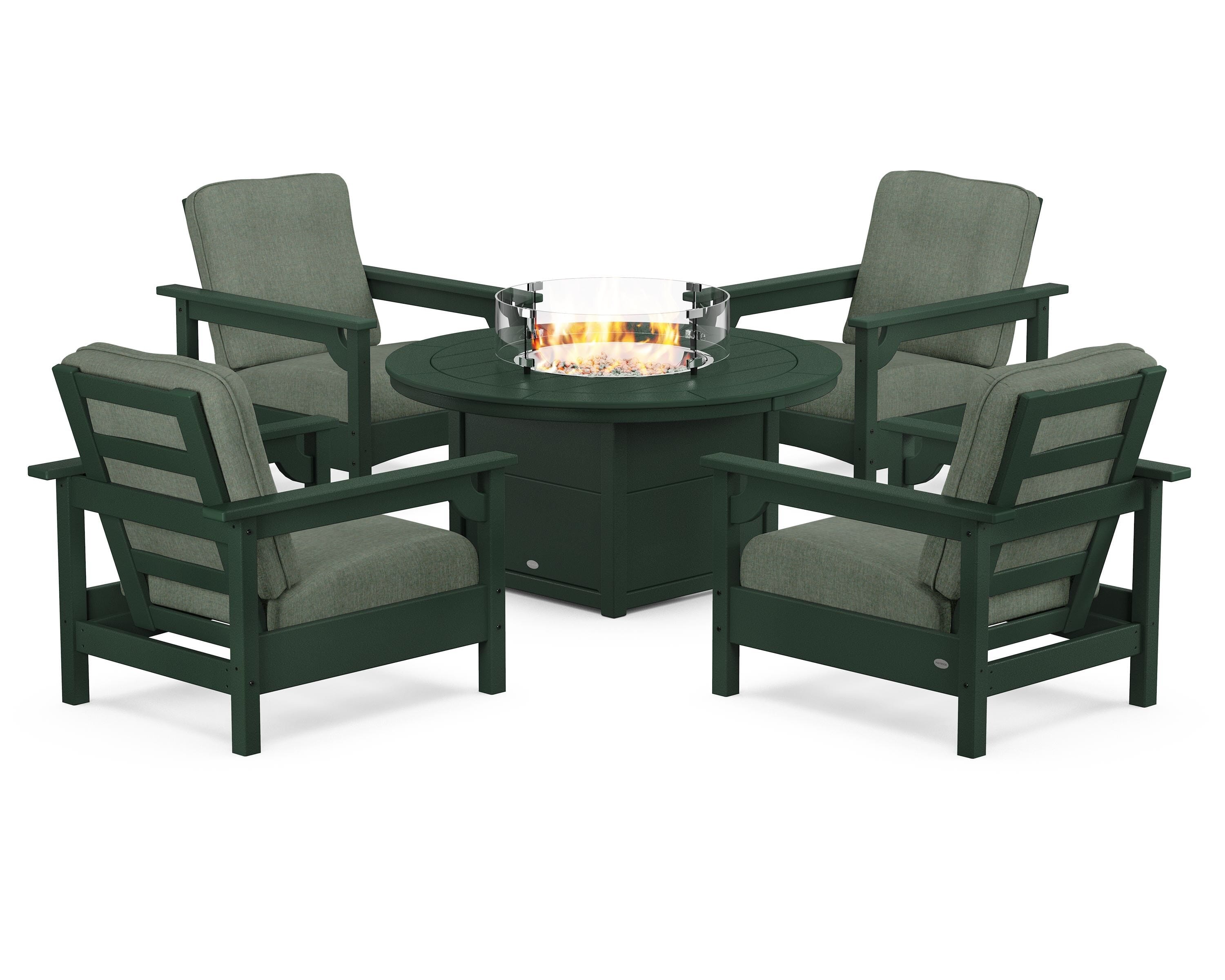 POLYWOOD Club 5-Piece Conversation Set with Fire Pit Table in Green / Cast Sage