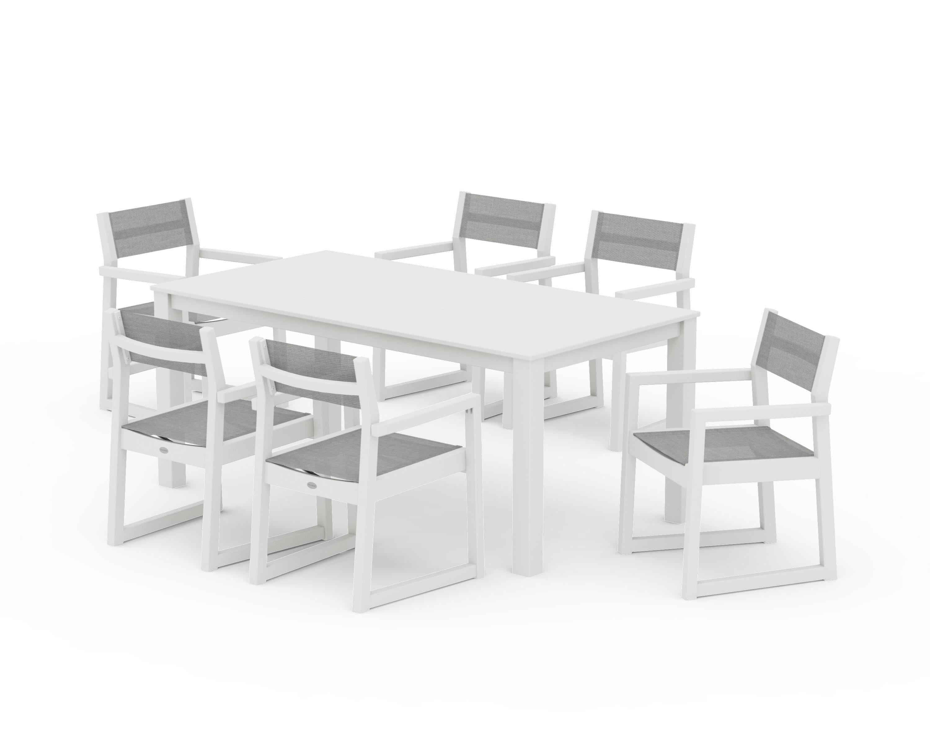 POLYWOOD EDGE Sling Arm Chair 7-Piece Parsons Dining Set in Vintage White / Metallic Sling