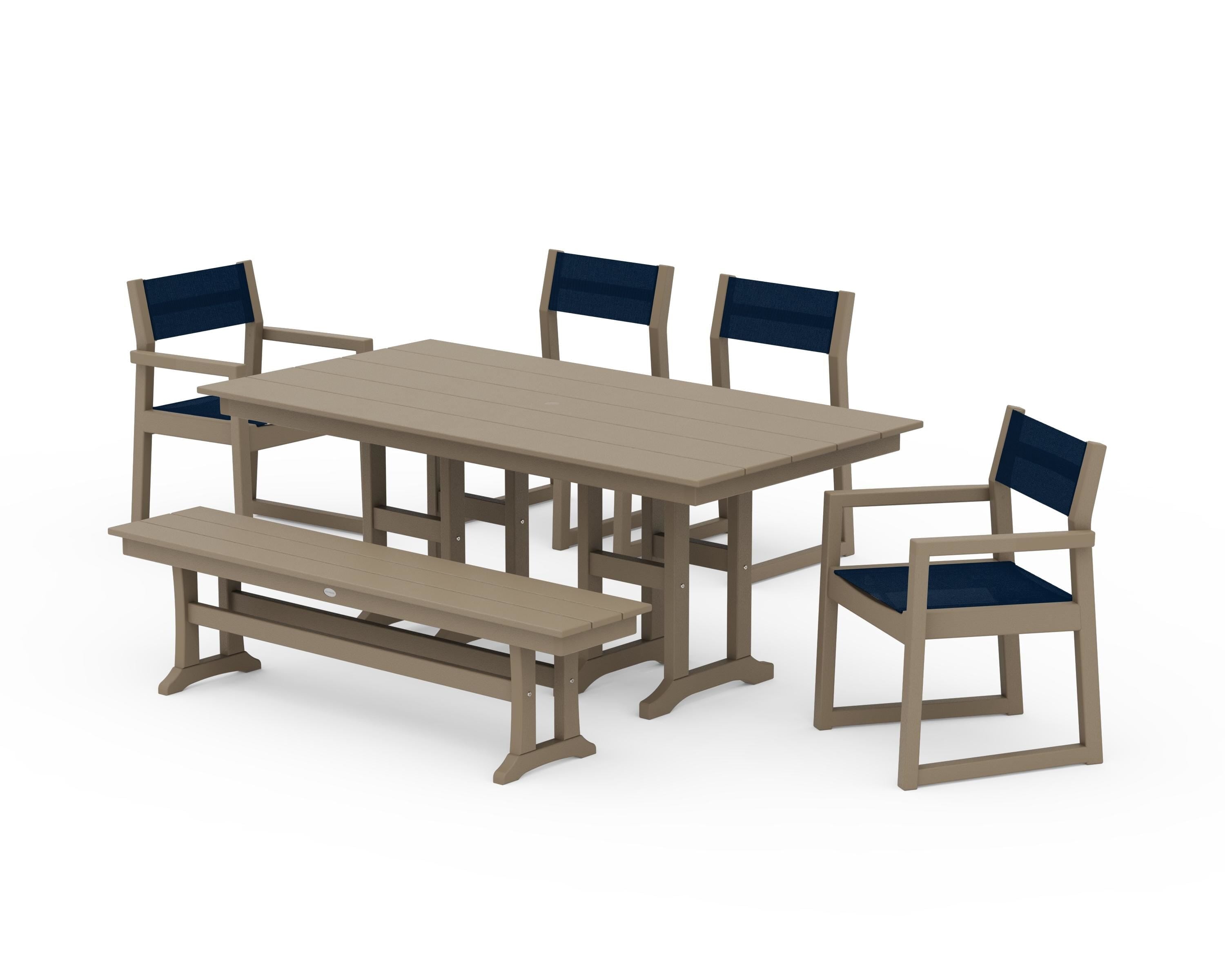 POLYWOOD EDGE Sling 6-Piece Farmhouse Dining Set in Vintage Sahara / Navy Blue Sling