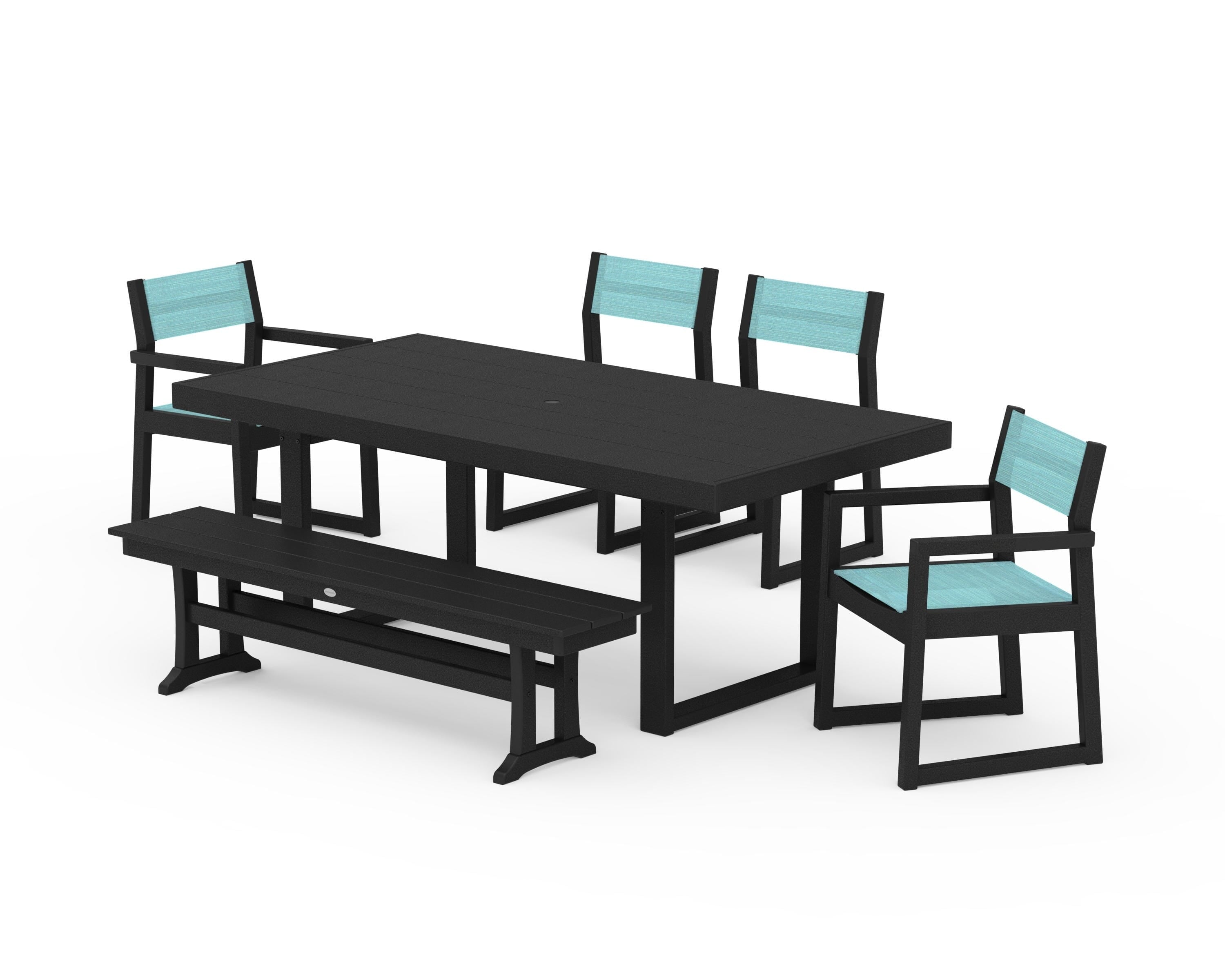 POLYWOOD EDGE Sling 6-Piece Dining Set with Bench in Black / Dupioni Aquamarine Sling