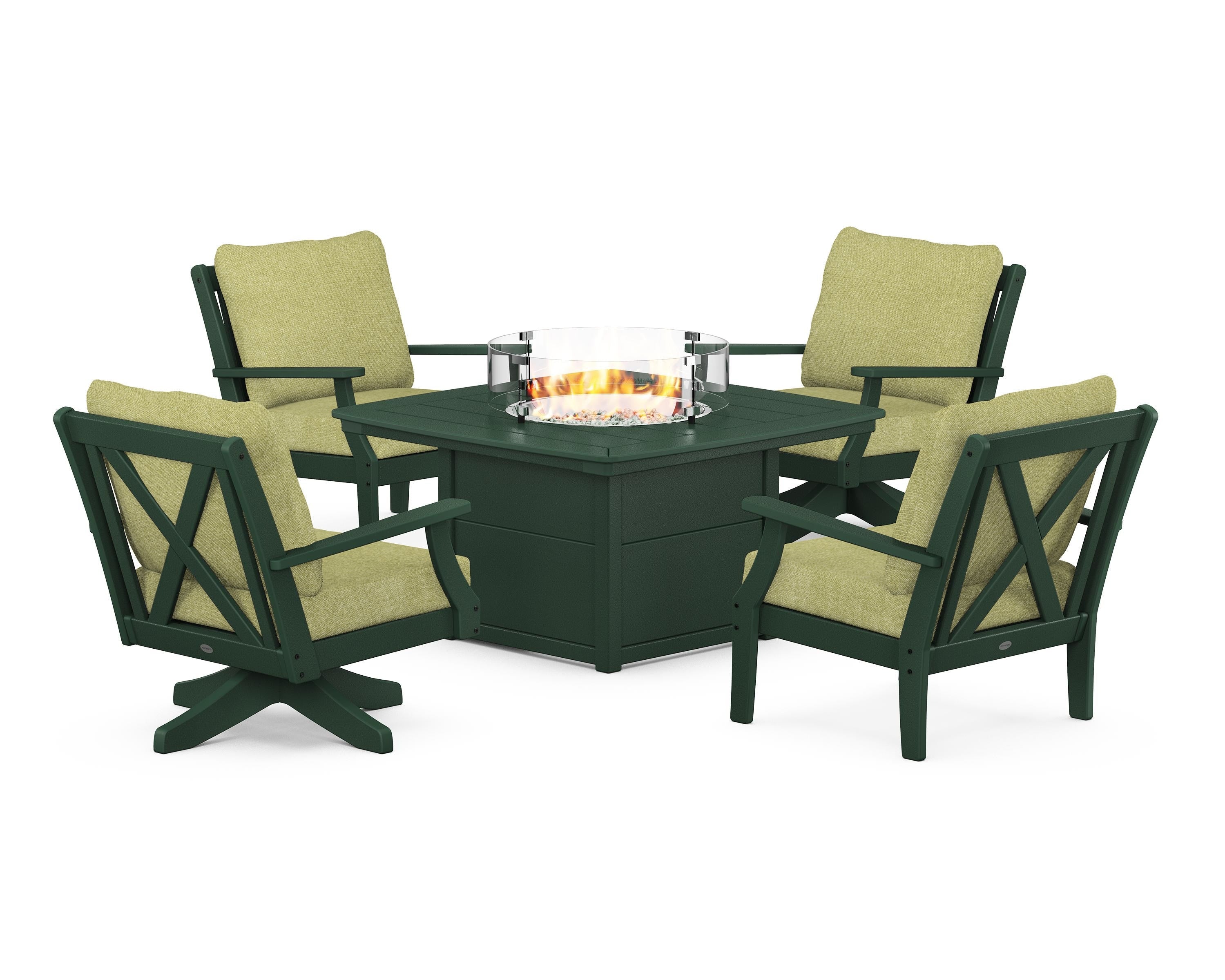 POLYWOOD Braxton 5-Piece Deep Seating Set with Fire Table in Green / Chartreuse Boucle