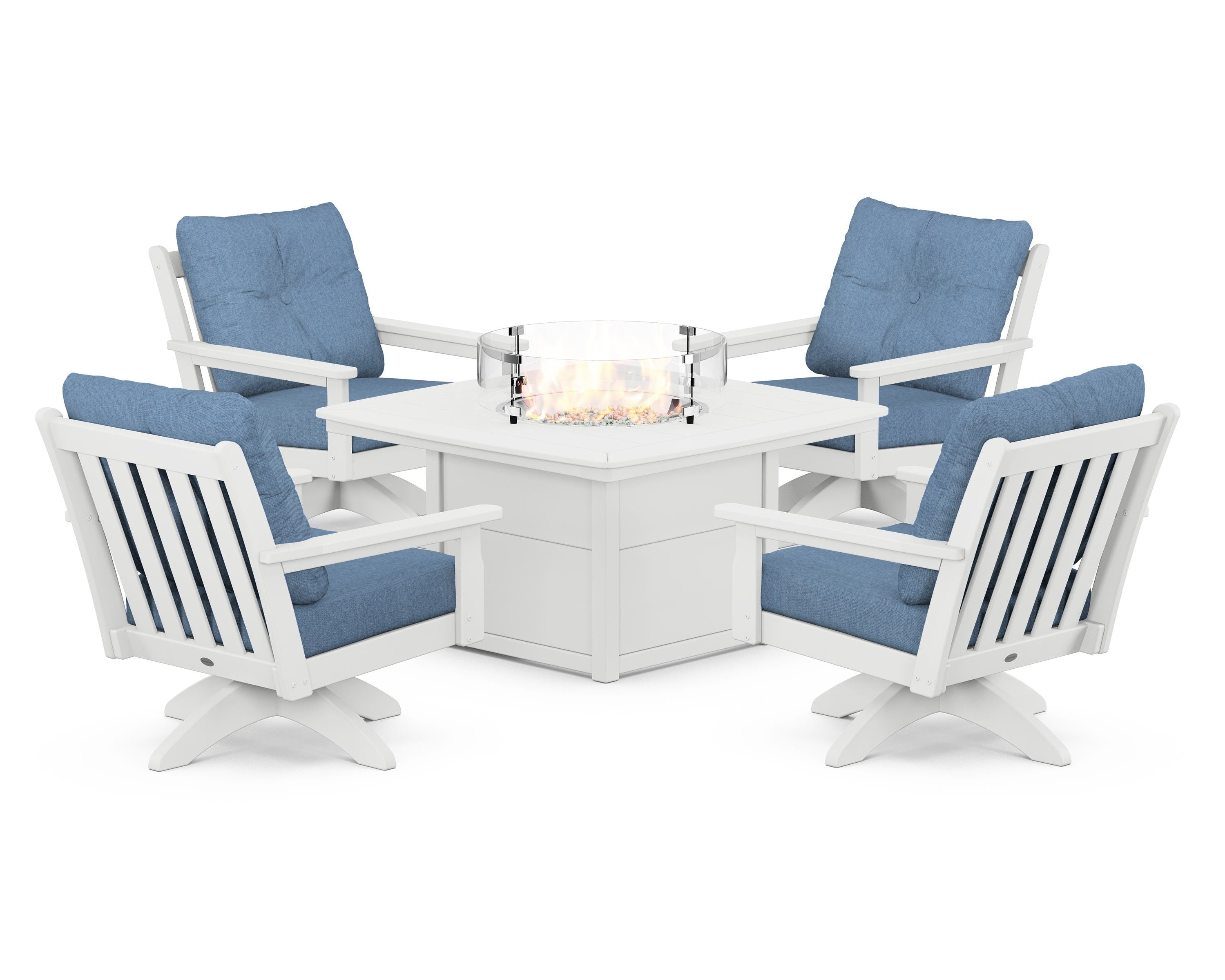 POLYWOOD Vineyard 5-Piece Deep Seating Swivel Conversation Set with Fire Pit Table in White / Sky Blue