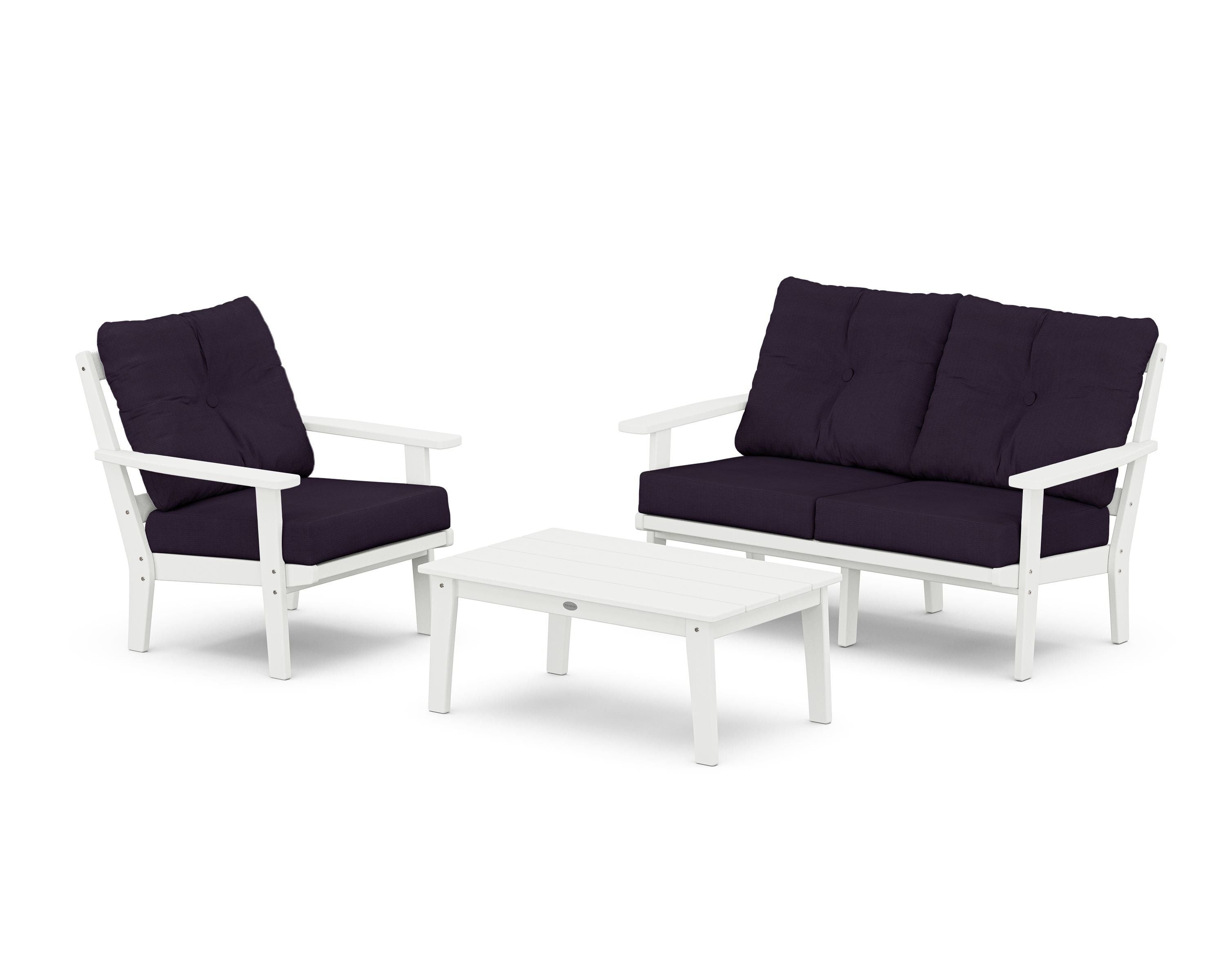 POLYWOOD Prairie 3-Piece Deep Seating Set with Loveseat in White / Navy Linen