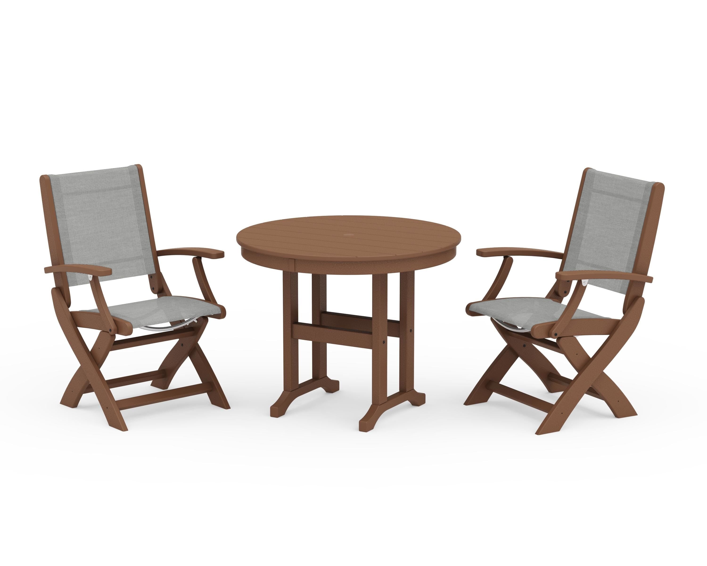 POLYWOOD Coastal Folding Chair 3-Piece Round Dining Set in Teak / Metallic Sling