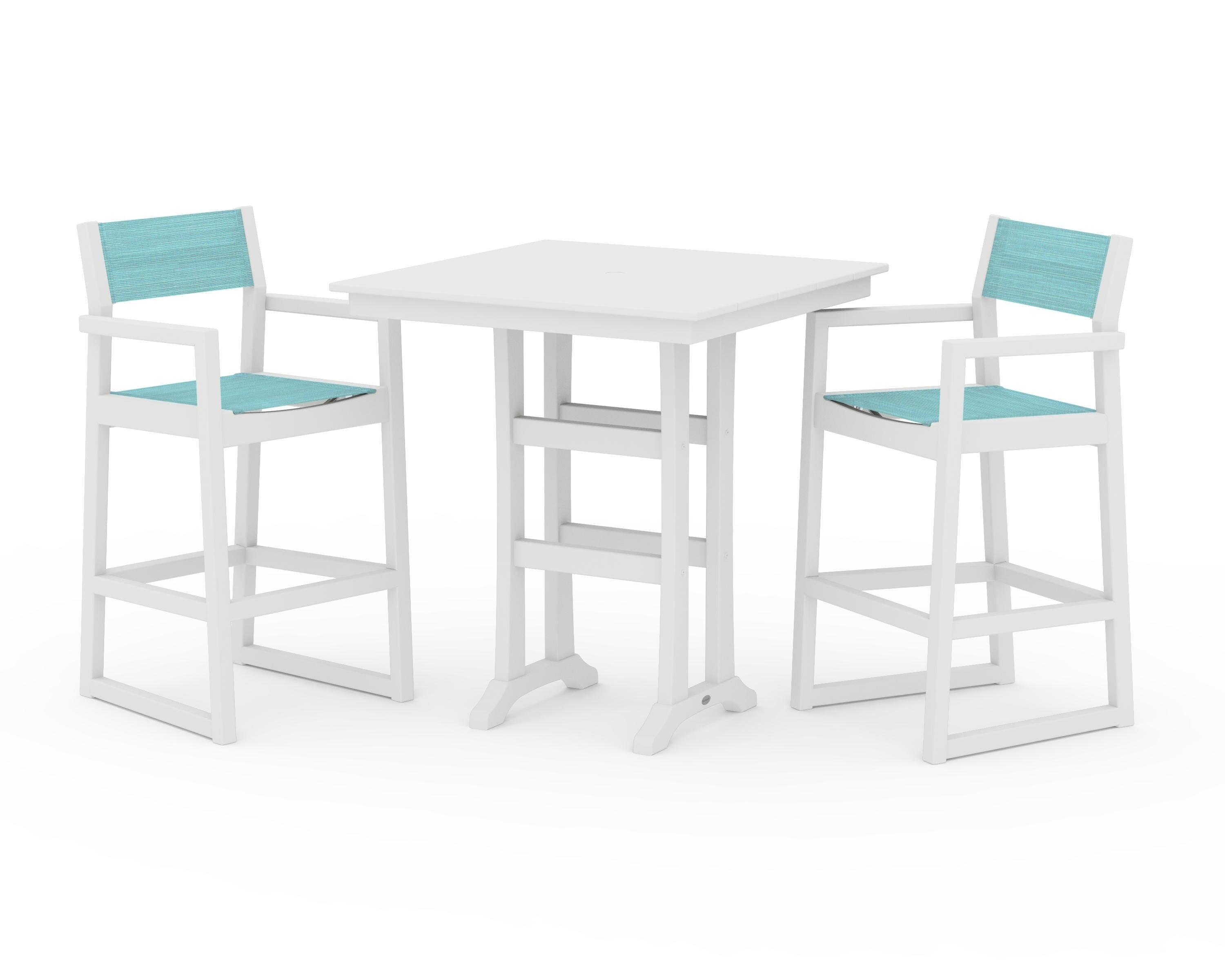 POLYWOOD EDGE Sling Arm Chair 3-Piece Farmhouse Bar Set with Trestle Legs in White / Dupioni Aquamarine Sling