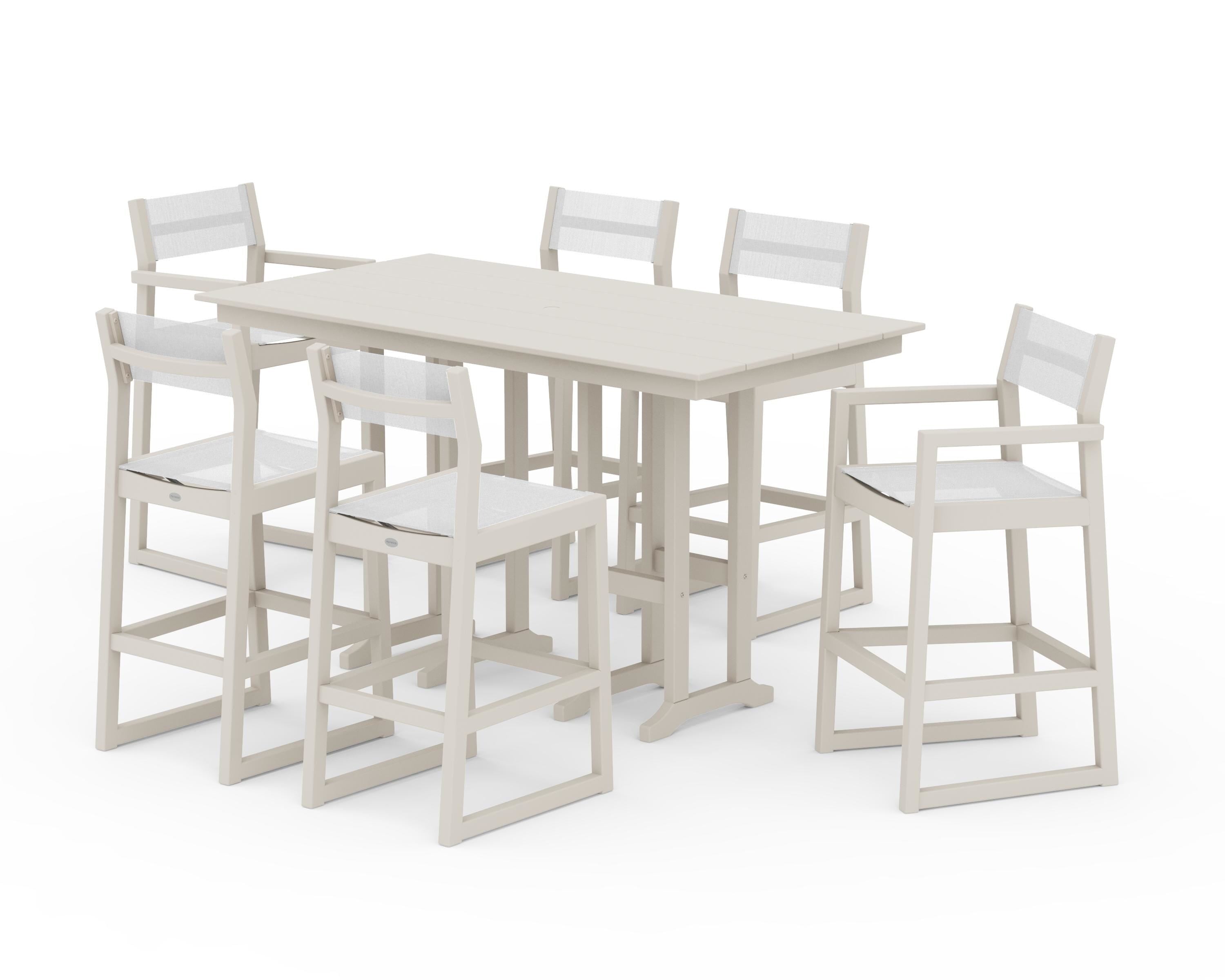 POLYWOOD EDGE Sling 7-Piece Farmhouse Bar Set in Sand / White Sling