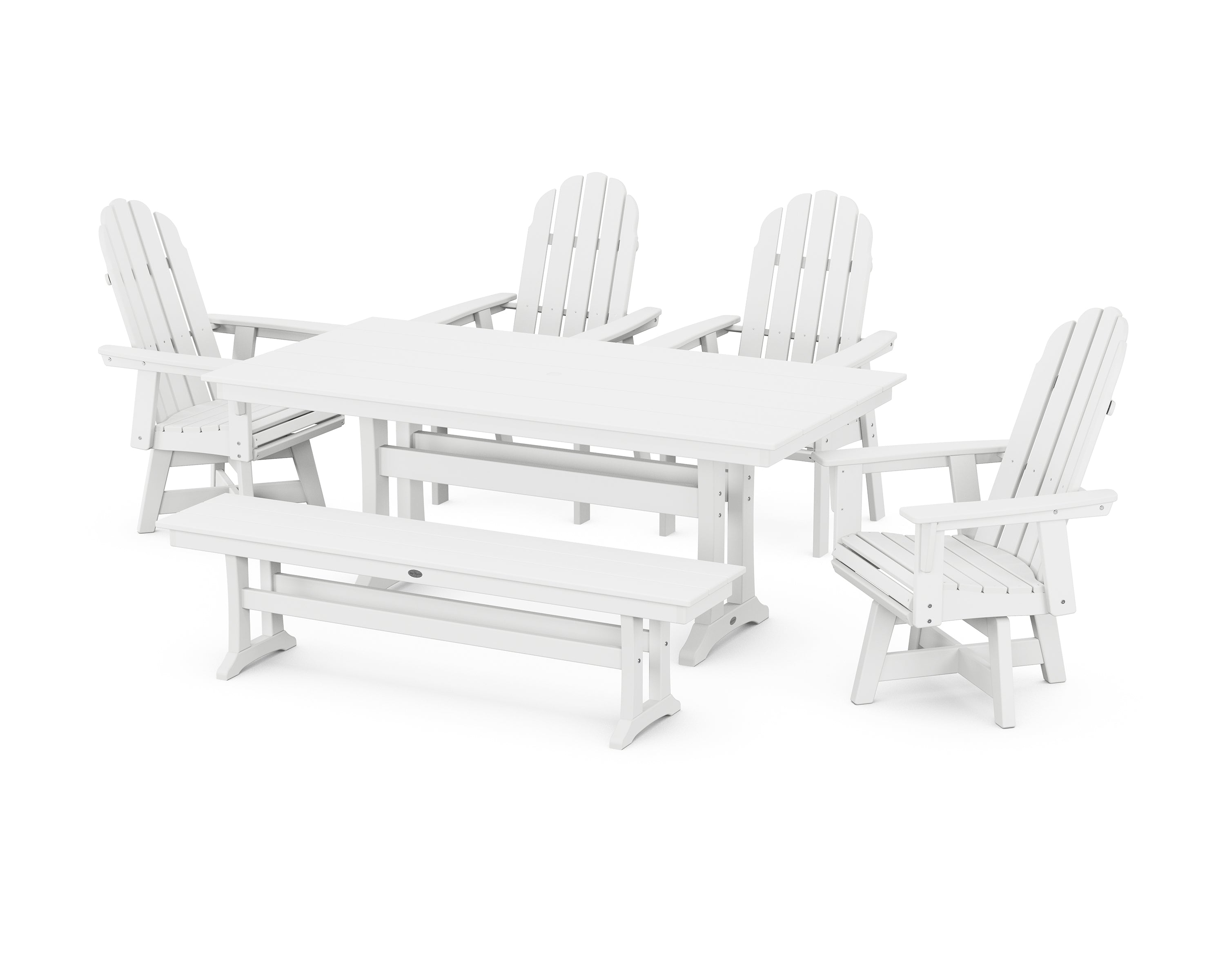POLYWOOD® Vineyard Curveback Adirondack 6-Piece Swivel Chair Farmhouse Dining Set with Trestle Legs and Bench in White