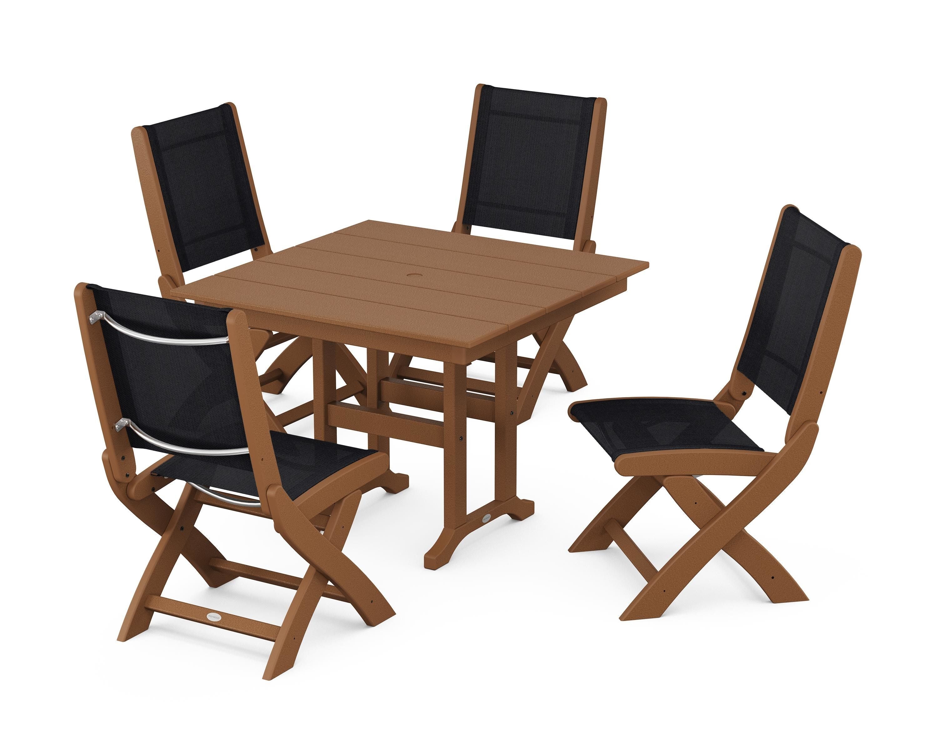 POLYWOOD Coastal Folding Side Chair 5-Piece Farmhouse Dining Set in Teak / Black Sling