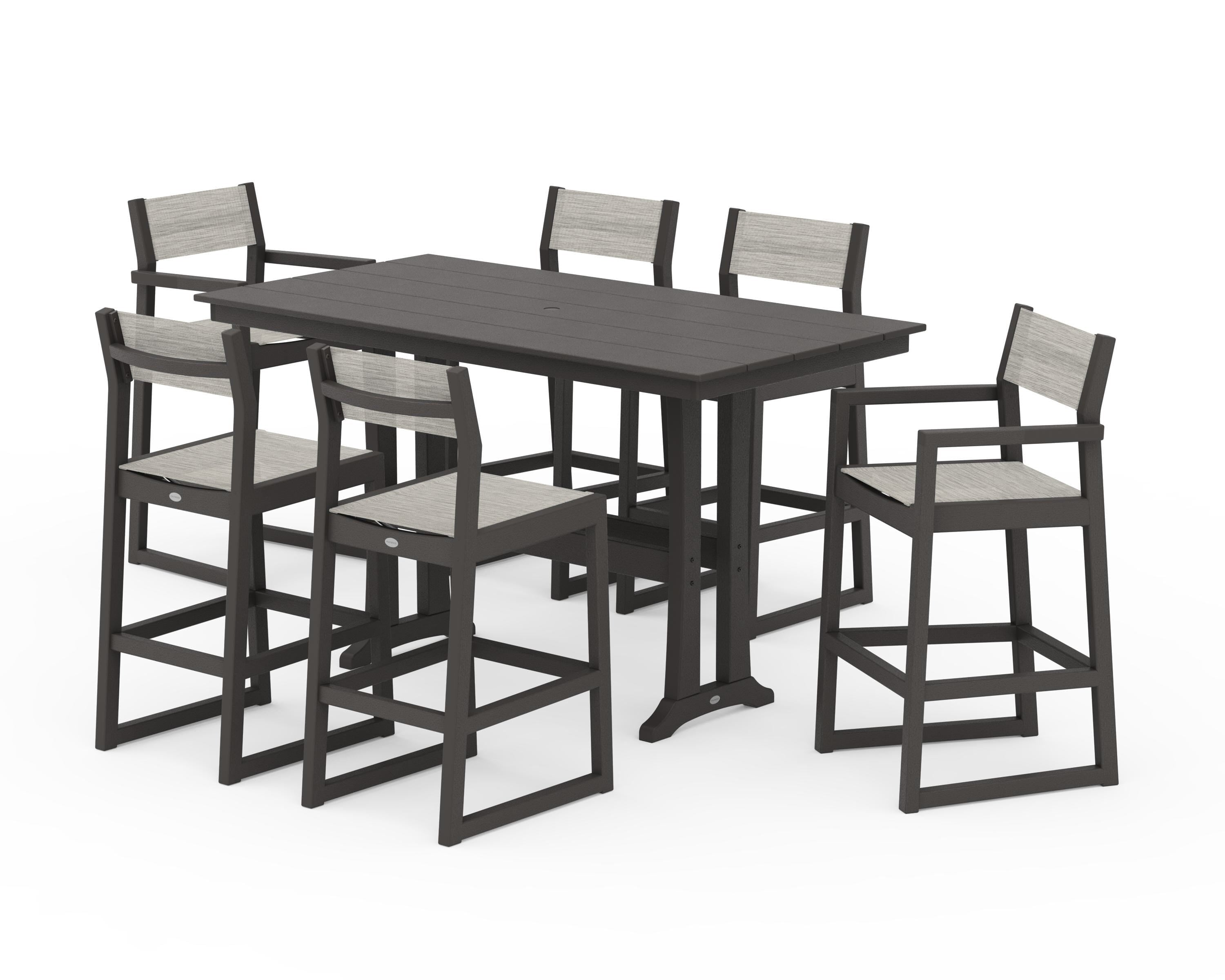 POLYWOOD EDGE Sling 7-Piece Farmhouse Bar Set with Trestle Legs in Vintage Coffee / Birch Sling