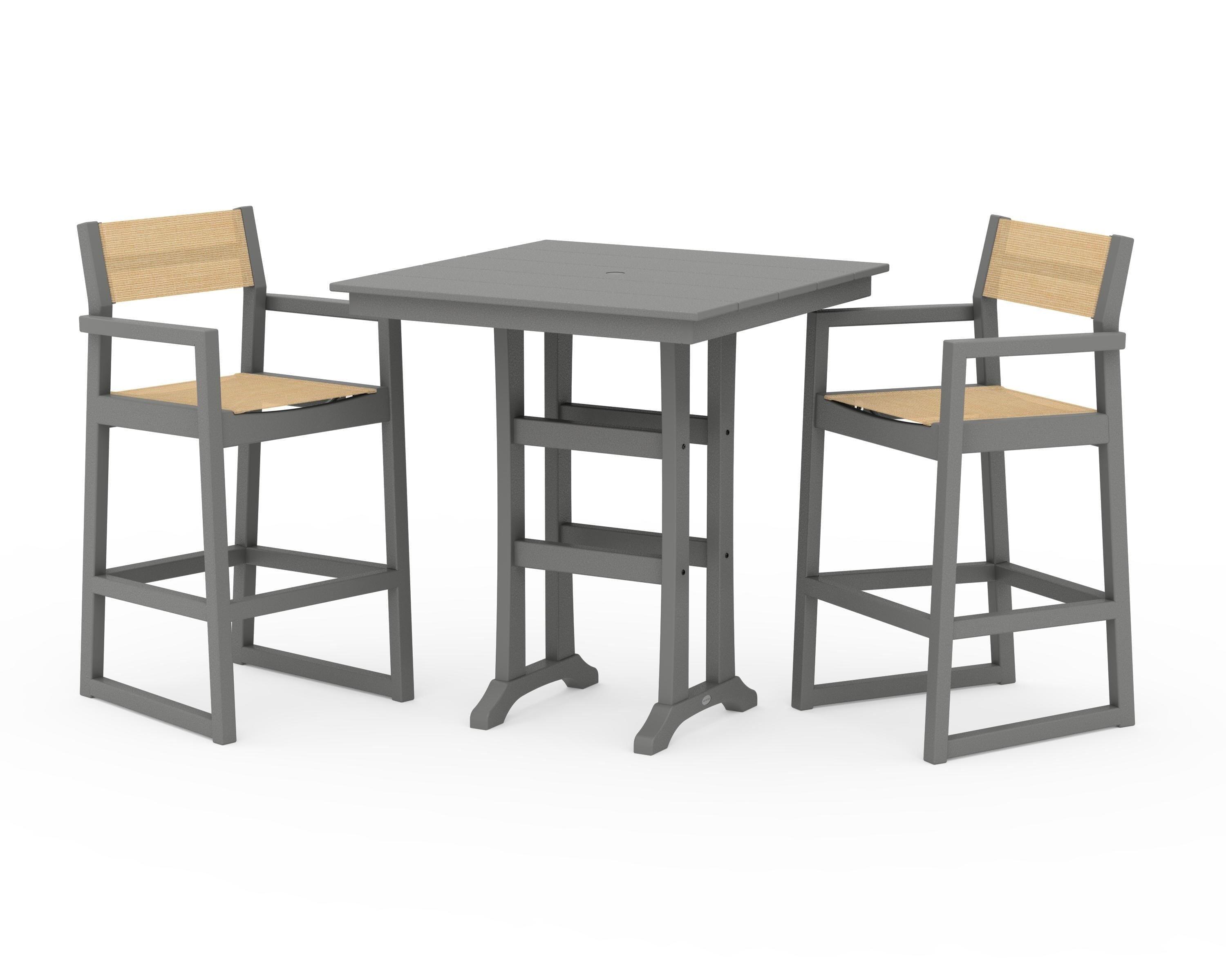 POLYWOOD EDGE Sling Arm Chair 3-Piece Farmhouse Bar Set with Trestle Legs in Slate Grey / Dupioni Apricot Sling