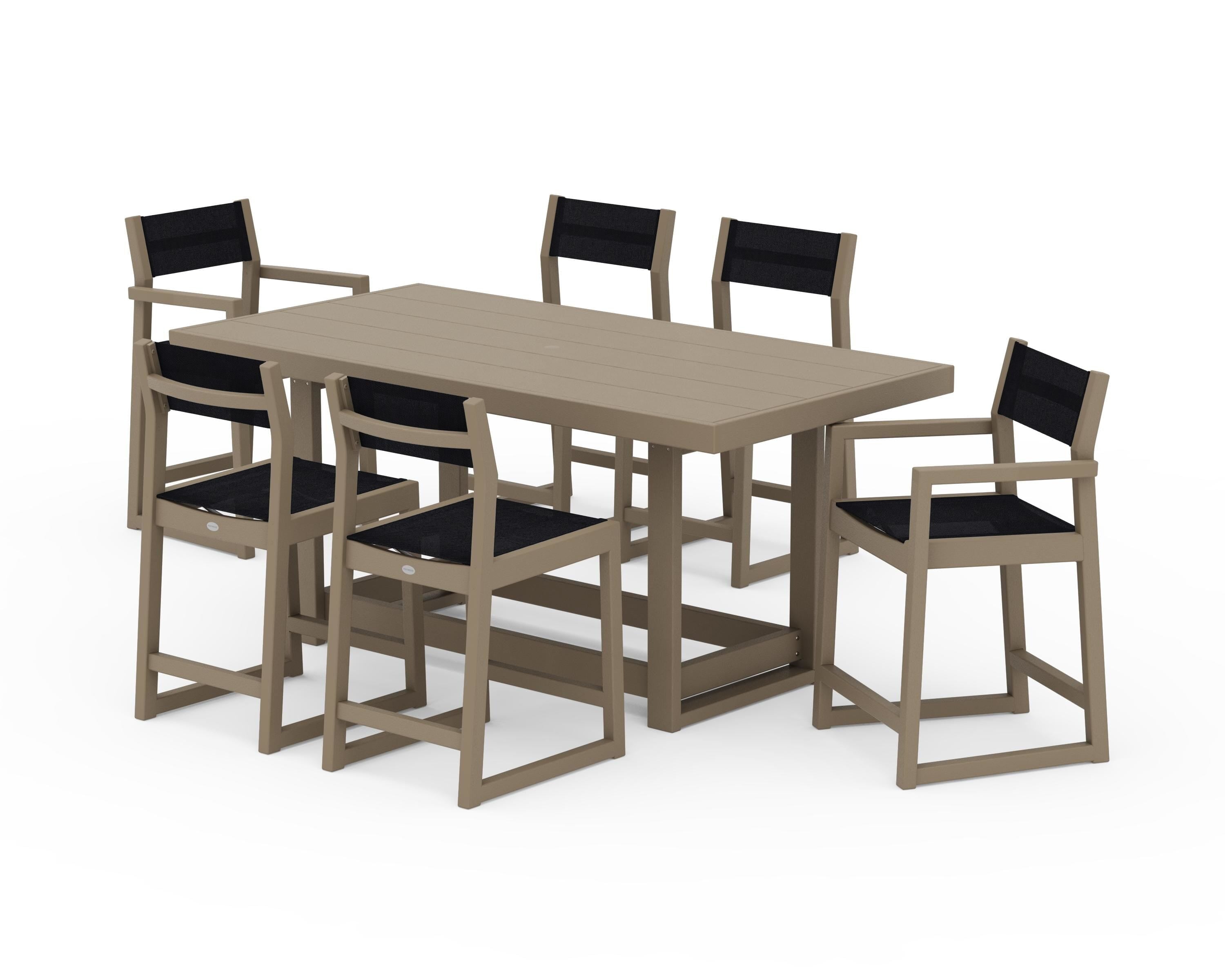 POLYWOOD EDGE Sling 7-Piece Counter Table Set in Vintage Sahara / Black Sling