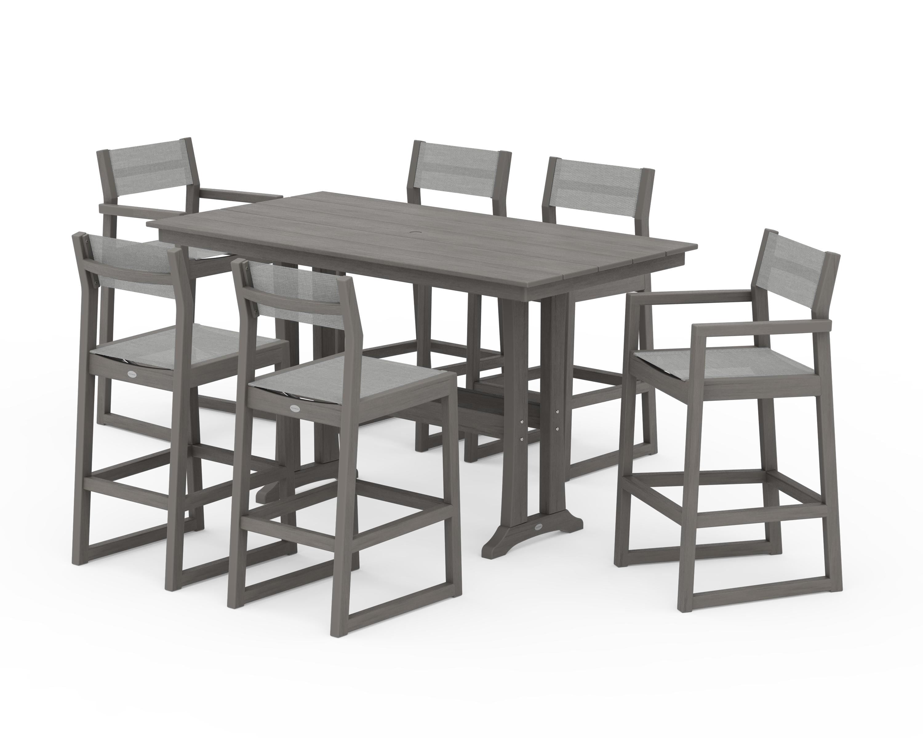 POLYWOOD EDGE Sling 7-Piece Farmhouse Bar Set with Trestle Legs in Driftwood / Metallic Sling