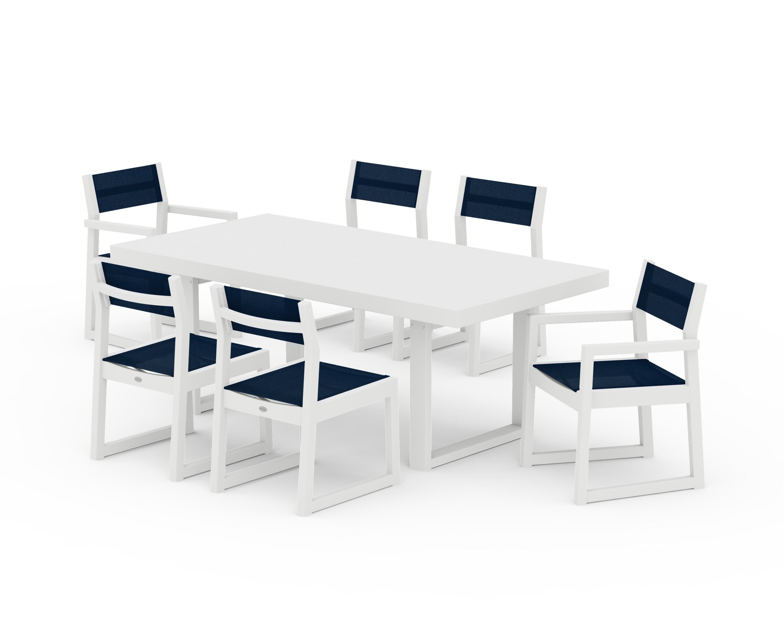 POLYWOOD EDGE Sling 7-Piece Dining Set in White / Navy Blue Sling