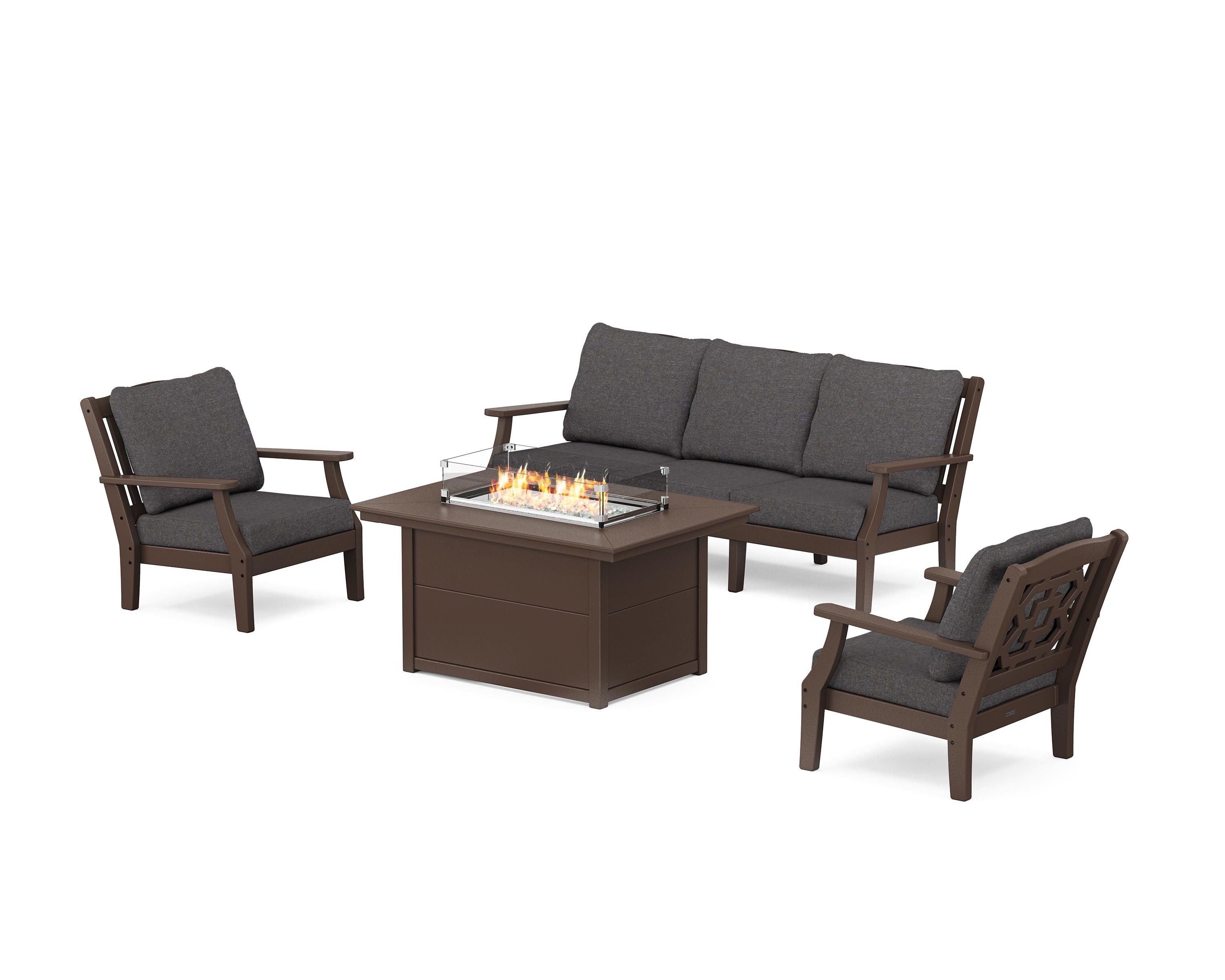 Martha Stewart by POLYWOOD Chinoiserie Deep Seating Fire Pit Table Set in Mahogany / Ash Charcoal