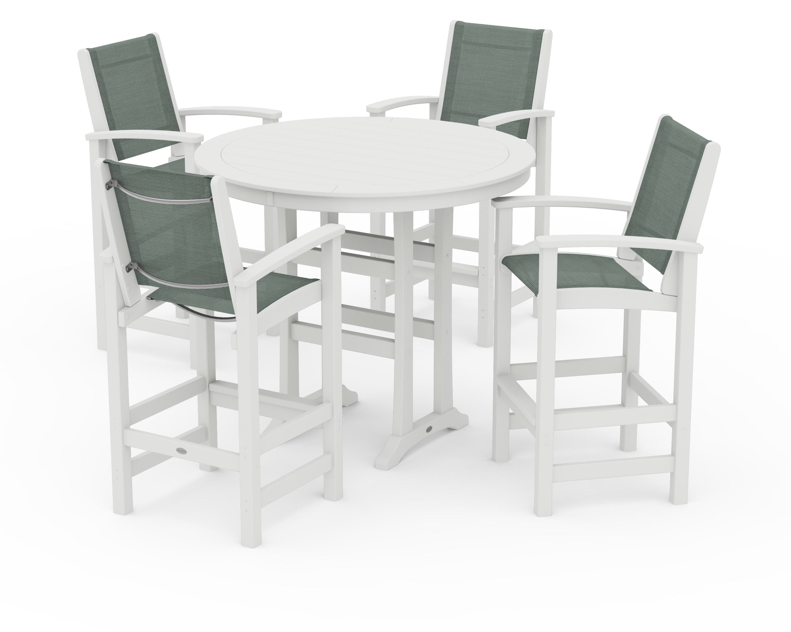 POLYWOOD Coastal 5-Piece Nautical Trestle Bar Set in Vintage White / Dupioni Sea Mist Sling