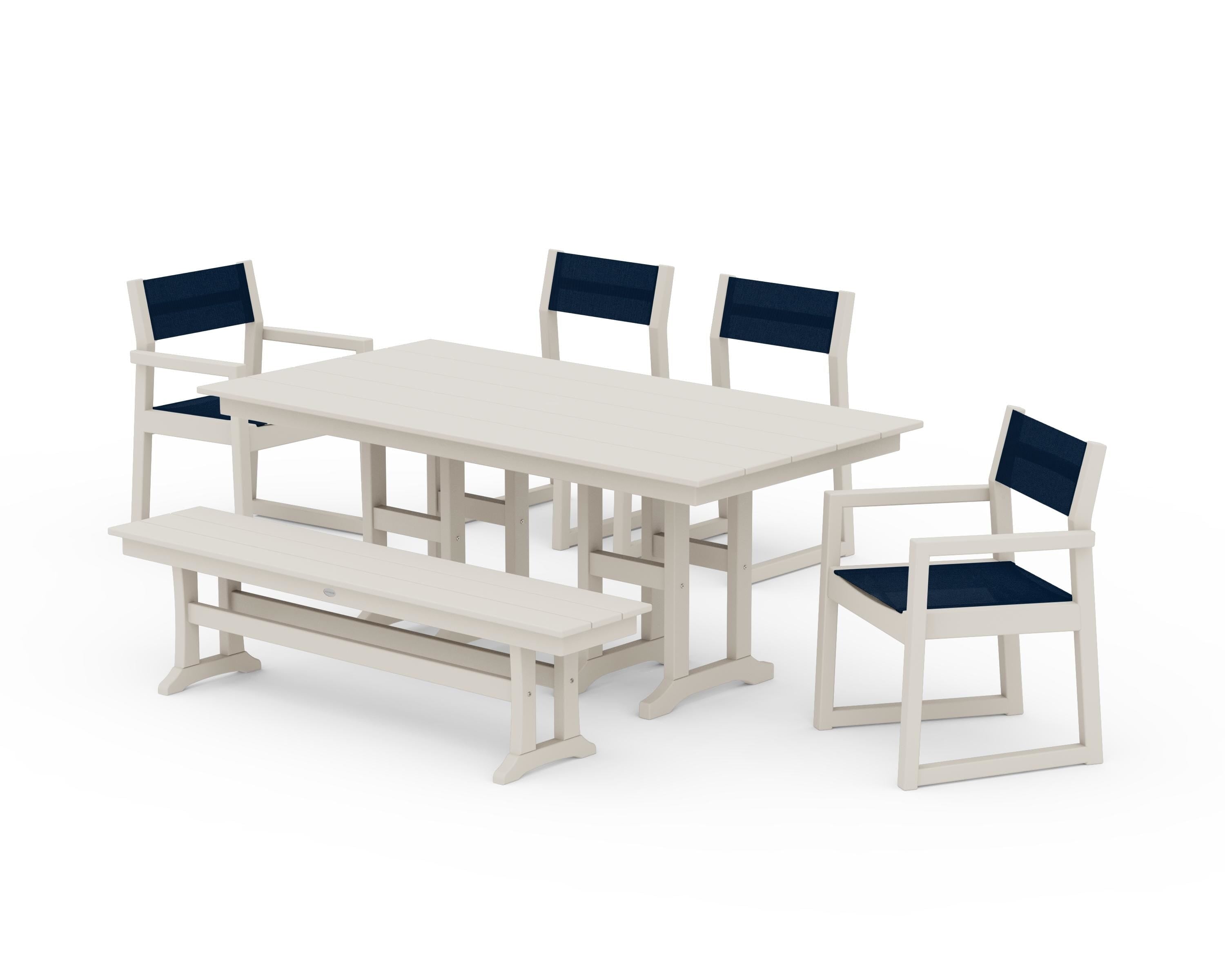 POLYWOOD EDGE Sling 6-Piece Farmhouse Dining Set in Sand / Navy Blue Sling