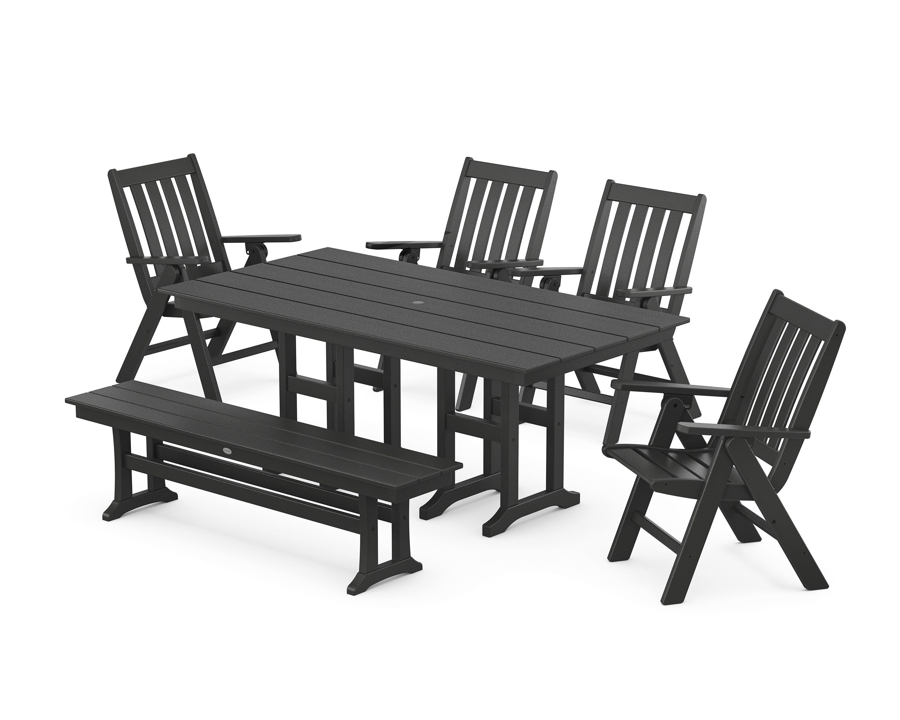 POLYWOOD Vineyard Folding Chair 6-Piece Farmhouse Dining Set with Bench in Black
