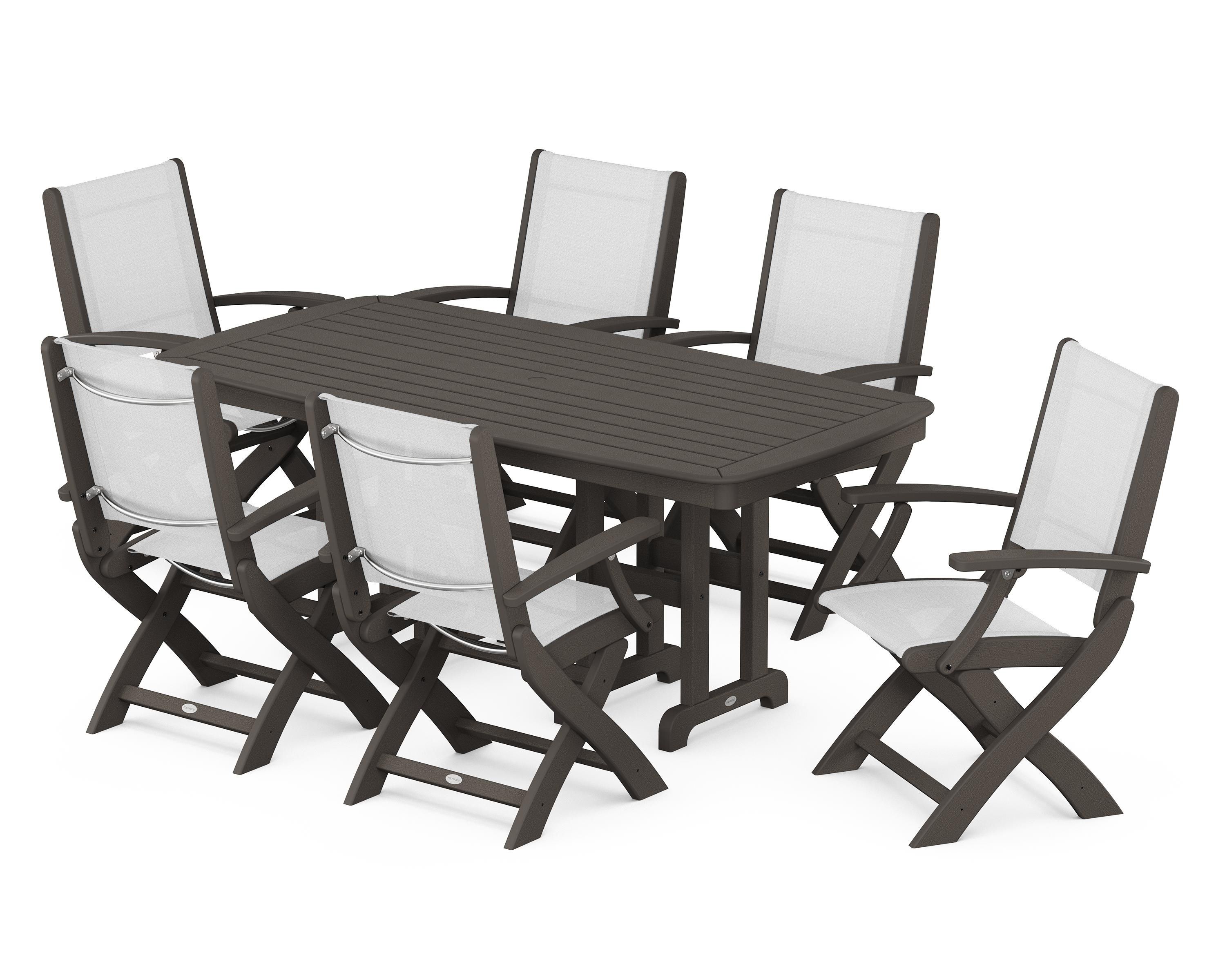 POLYWOOD Coastal Folding Arm Chair 7-Piece Dining Set in Vintage Coffee / White Sling