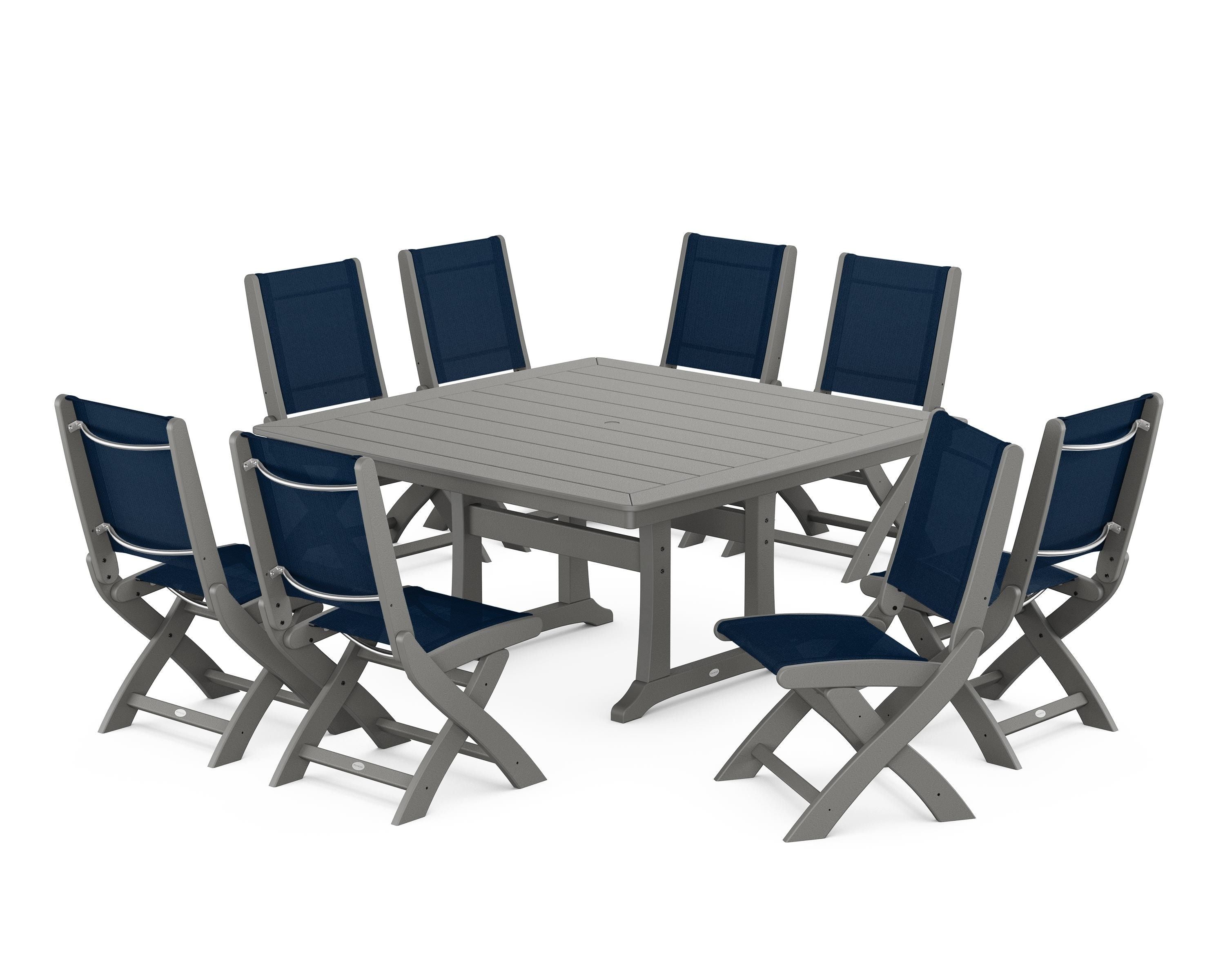 POLYWOOD Coastal Folding Side Chair 9-Piece Dining Set with Trestle Legs in Slate Grey / Navy Blue Sling