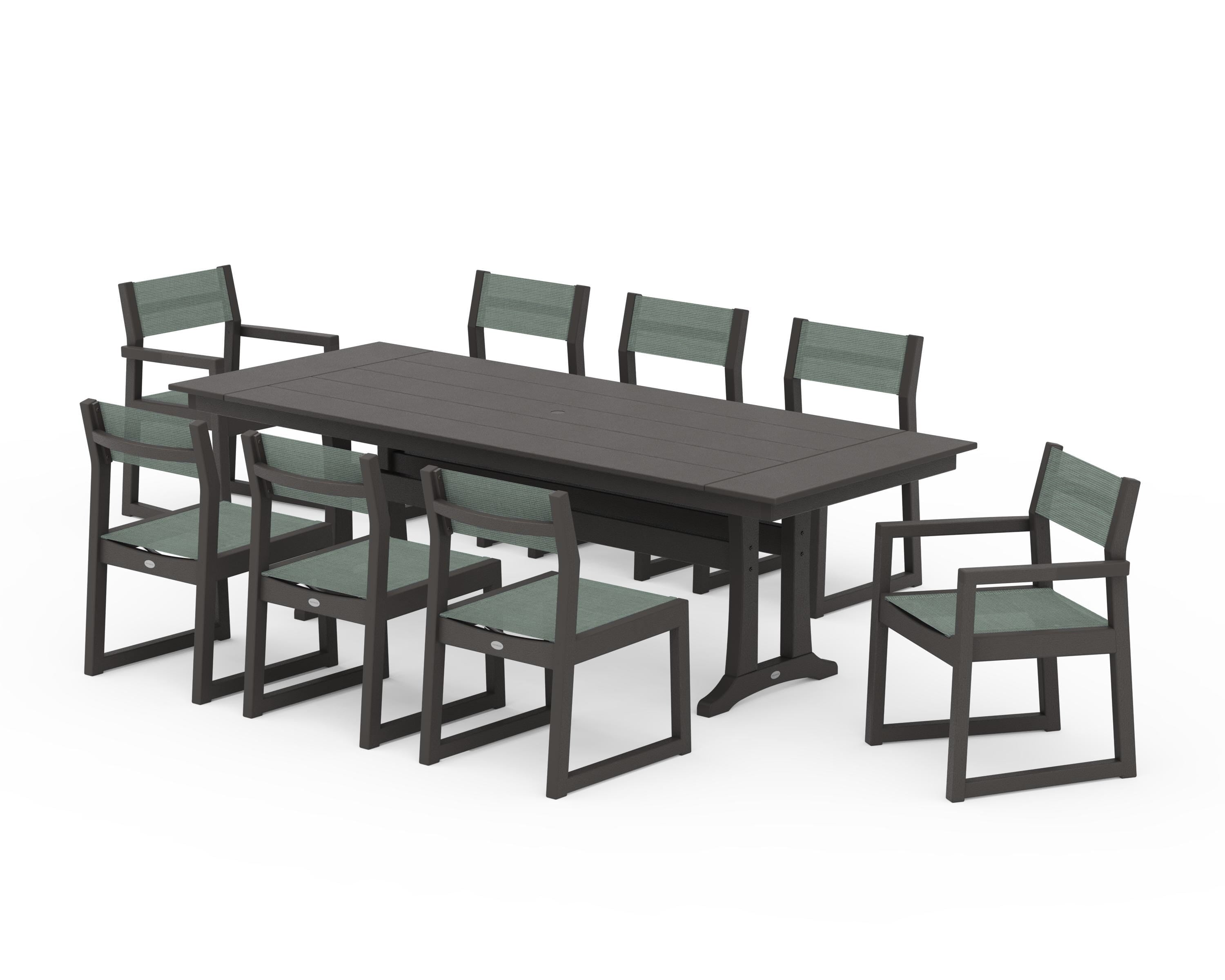 POLYWOOD EDGE Sling 9-Piece Farmhouse Trestle Dining Set in Vintage Coffee / Dupioni Sea Mist Sling