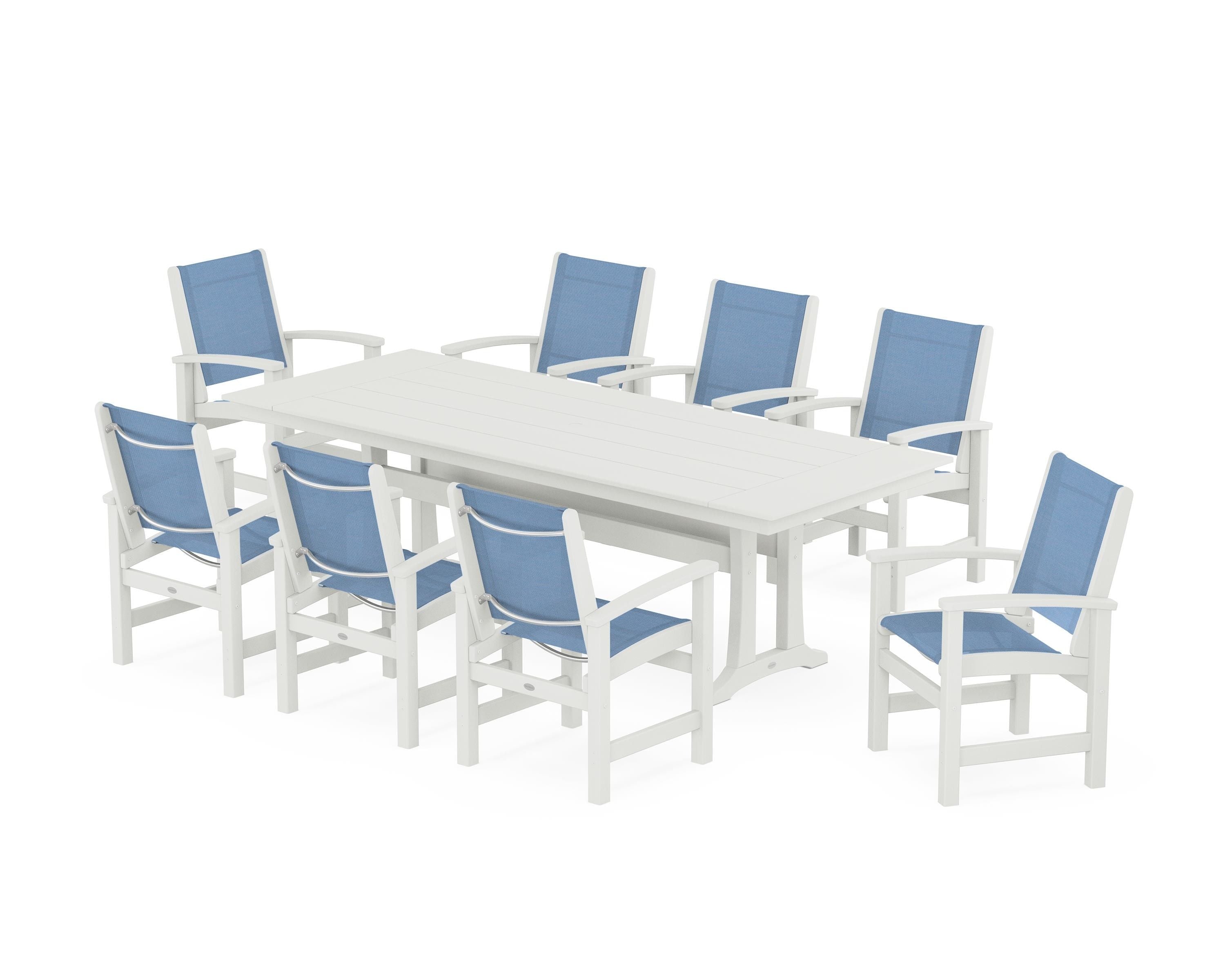POLYWOOD Coastal 9-Piece Farmhouse Dining Set with Trestle Legs in Vintage White / Poolside Sling