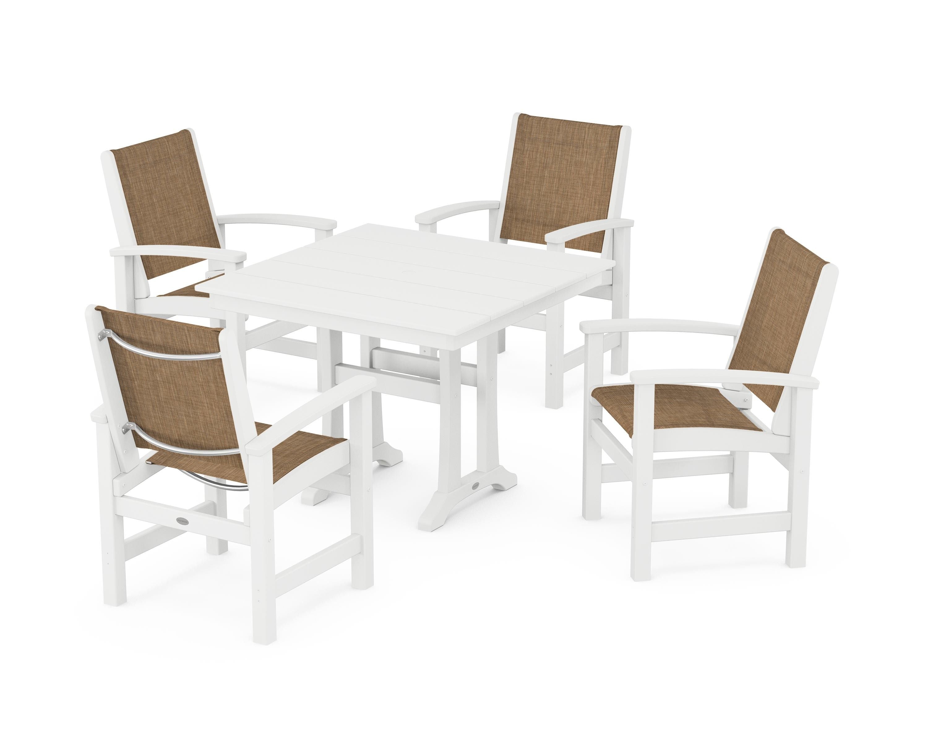 POLYWOOD Coastal 5-Piece Farmhouse Dining Set With Trestle Legs in White / Burlap Sling