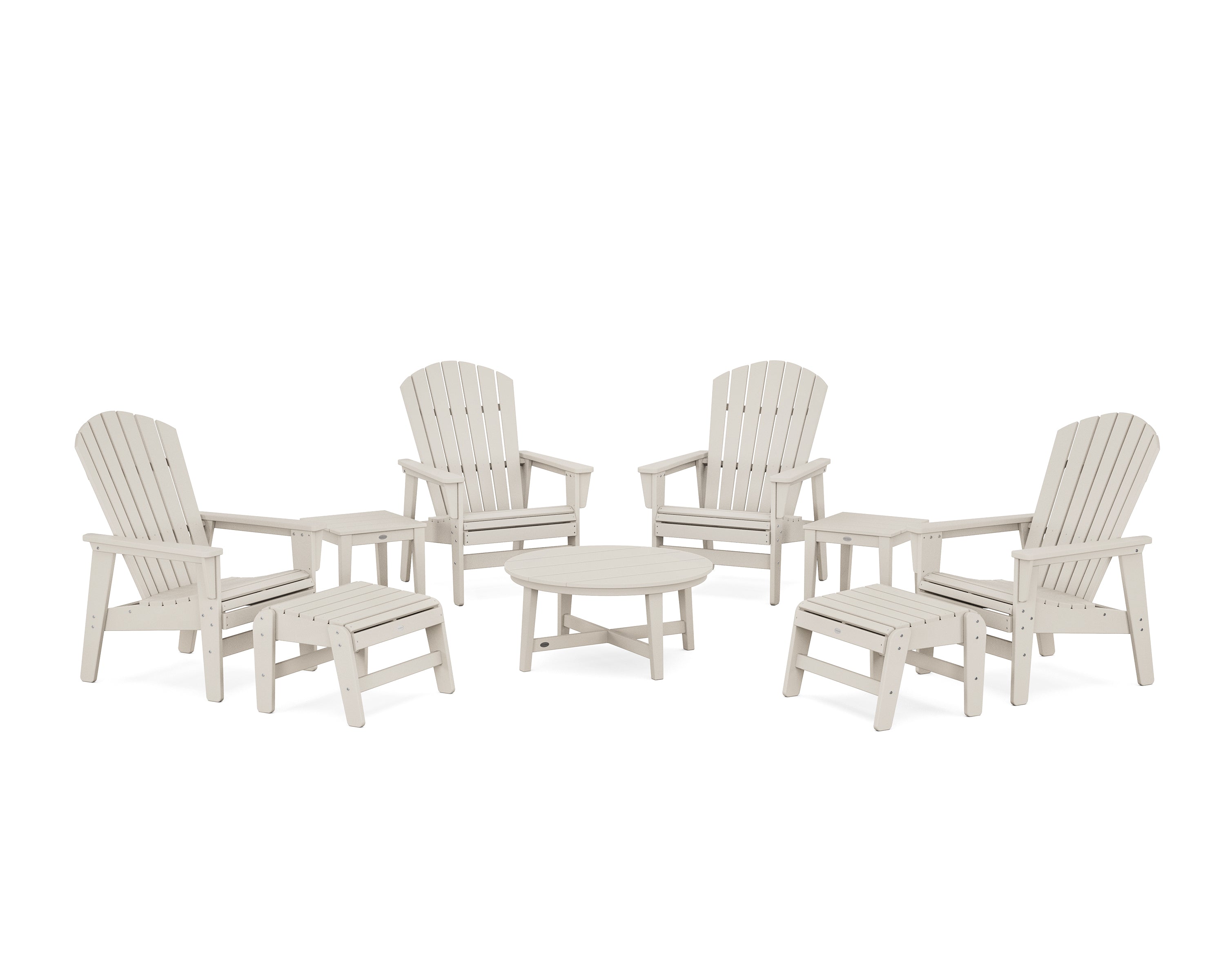 POLYWOOD® Nautical Grand Upright Adirondack 9-Piece Conversation Set in Sand