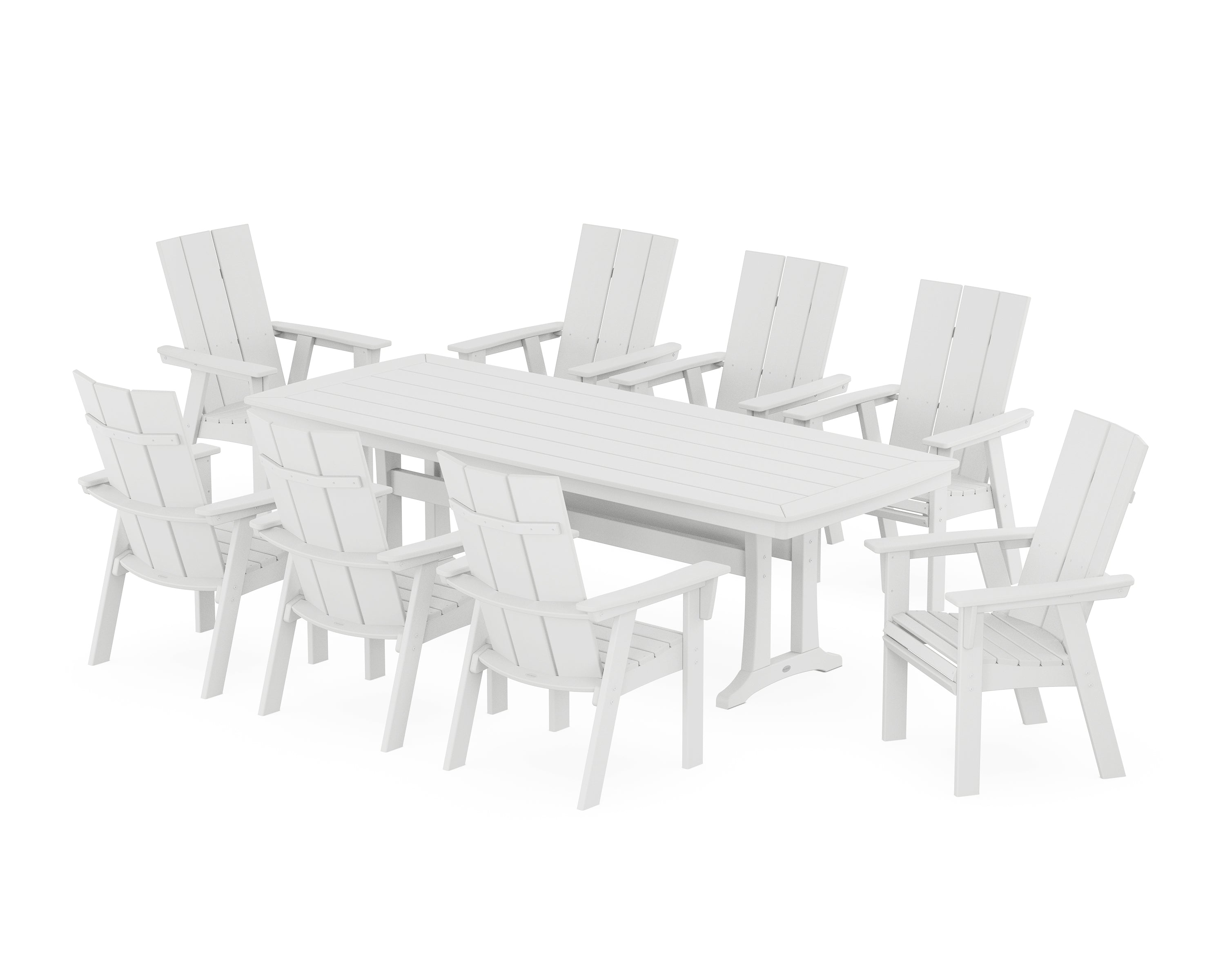 POLYWOOD® Modern Curveback Adirondack 9-Piece Dining Set with Trestle Legs in White