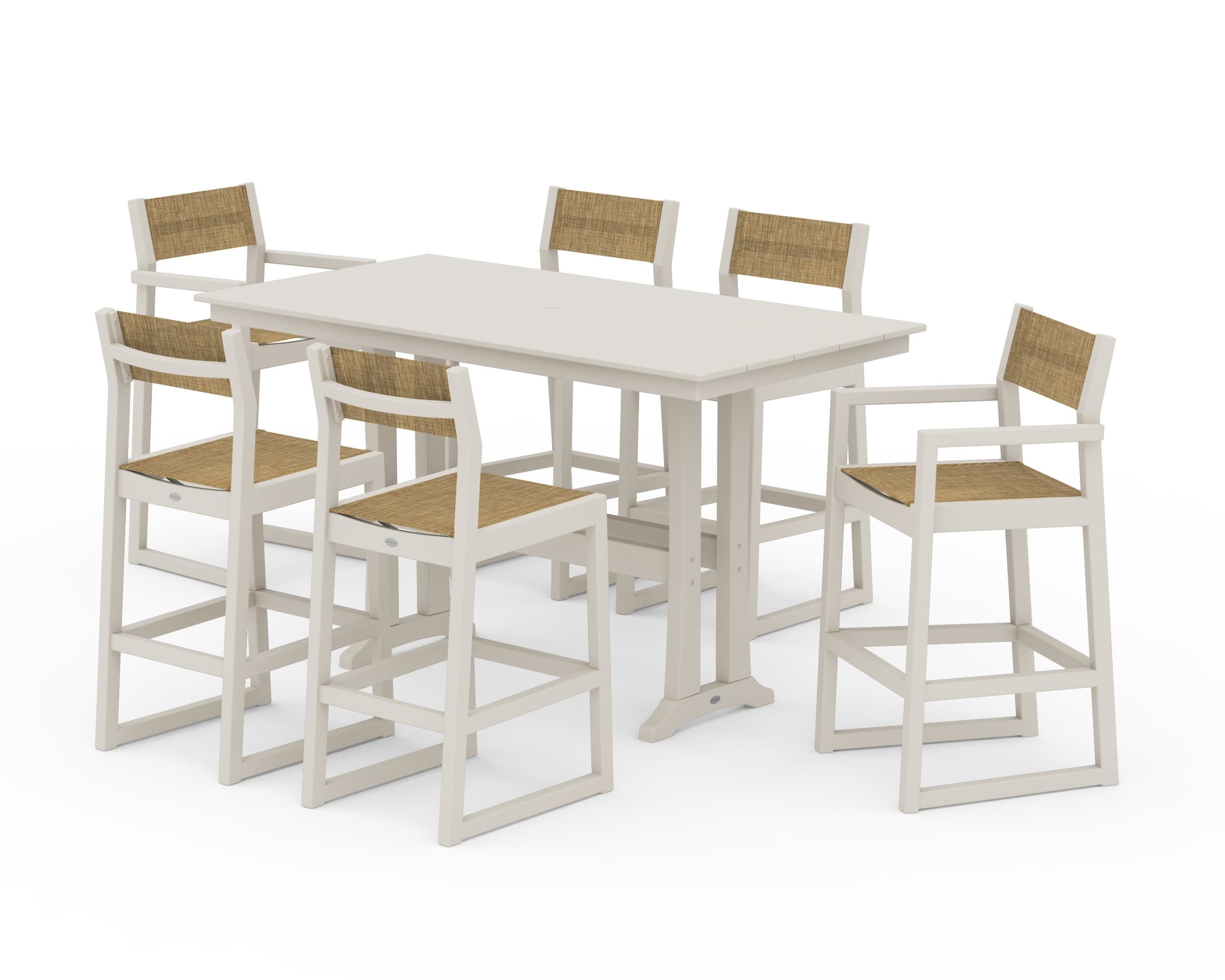 POLYWOOD EDGE Sling 7-Piece Farmhouse Bar Set with Trestle Legs in Sand / Burlap Sling