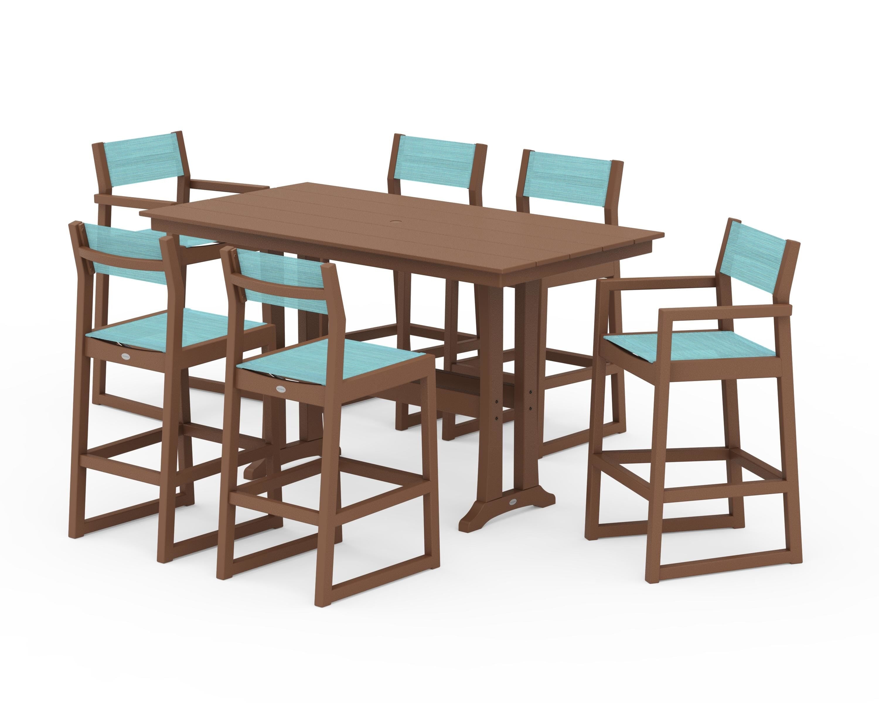 POLYWOOD EDGE Sling 7-Piece Farmhouse Bar Set with Trestle Legs in Teak / Dupioni Aquamarine Sling