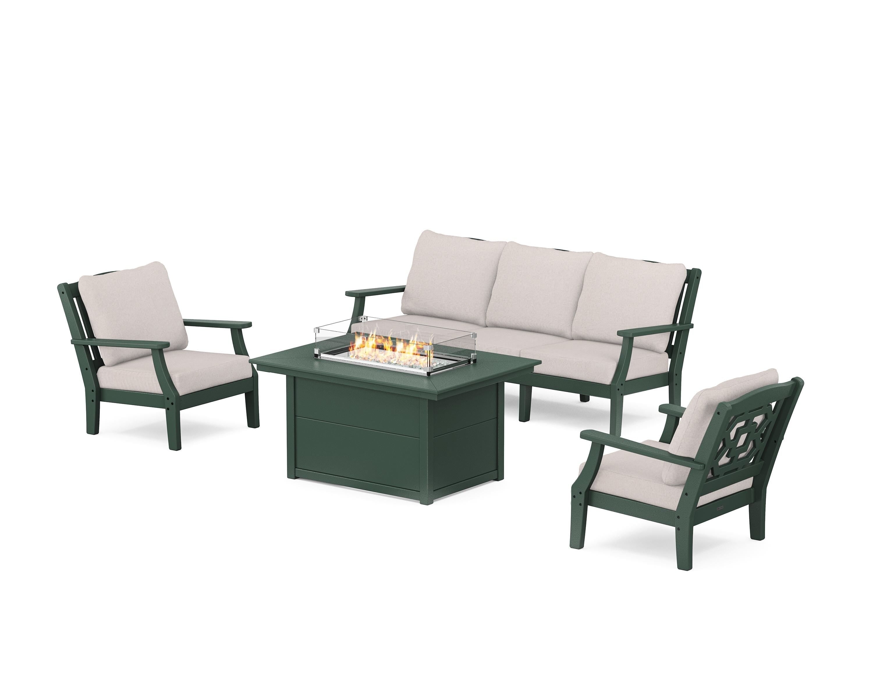Martha Stewart by POLYWOOD Chinoiserie Deep Seating Fire Pit Table Set in Green / Dune Burlap