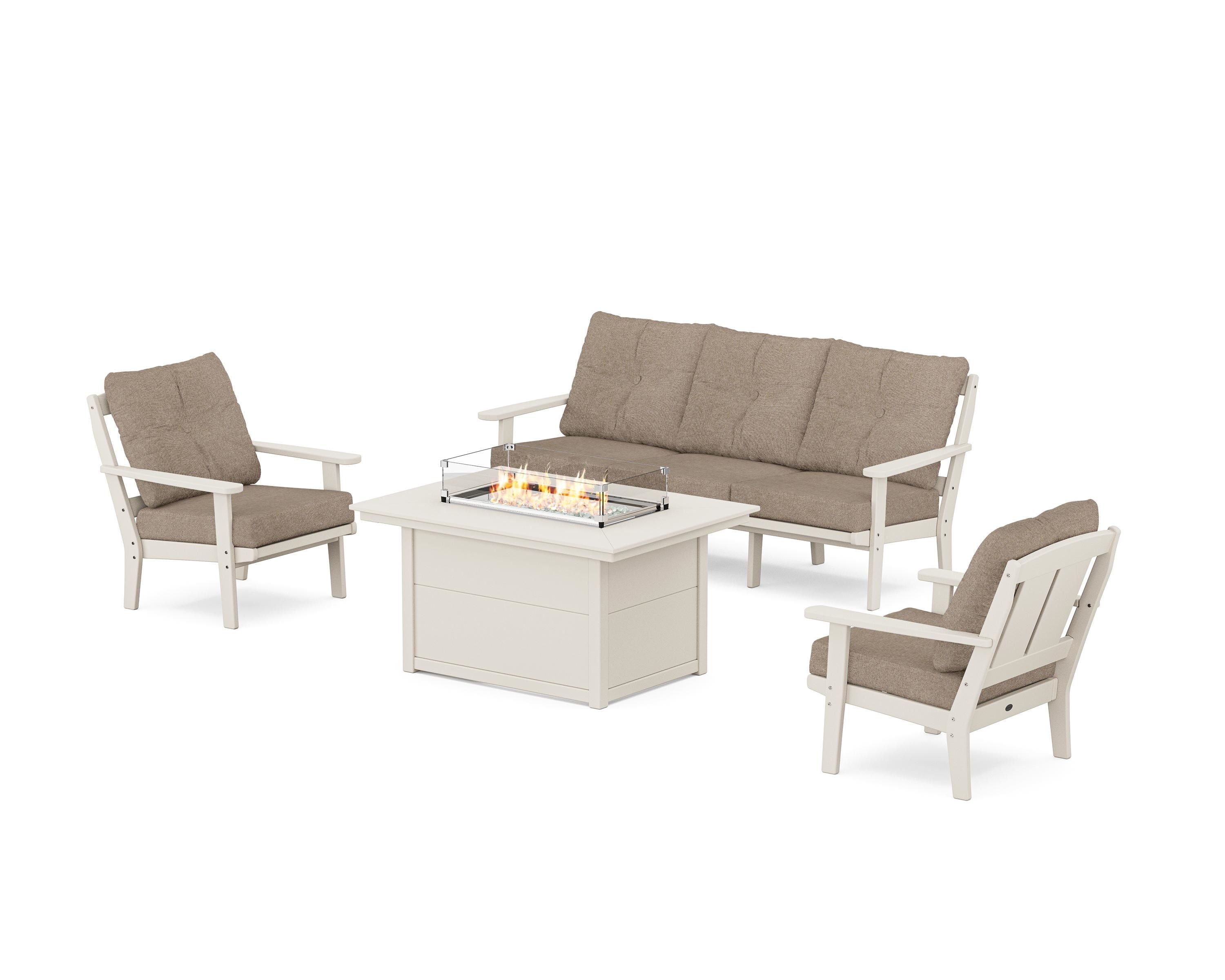 POLYWOOD Mission Deep Seating Fire Pit Table Set in Sand / Spiced Burlap