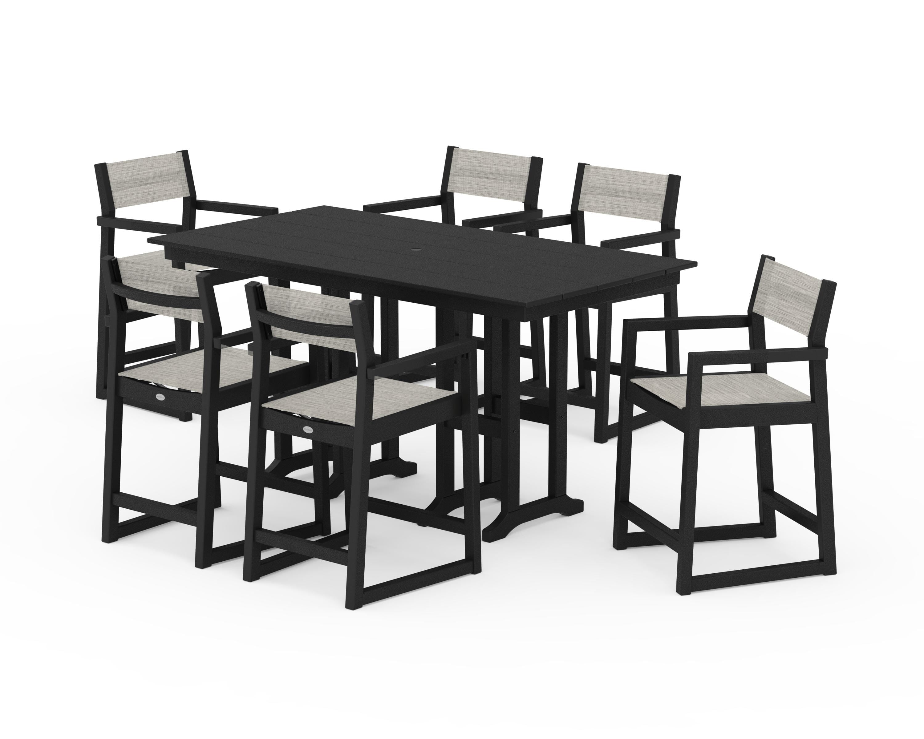 POLYWOOD EDGE Sling Arm Chair 7-Piece Farmhouse Counter Set in Black / Birch Sling