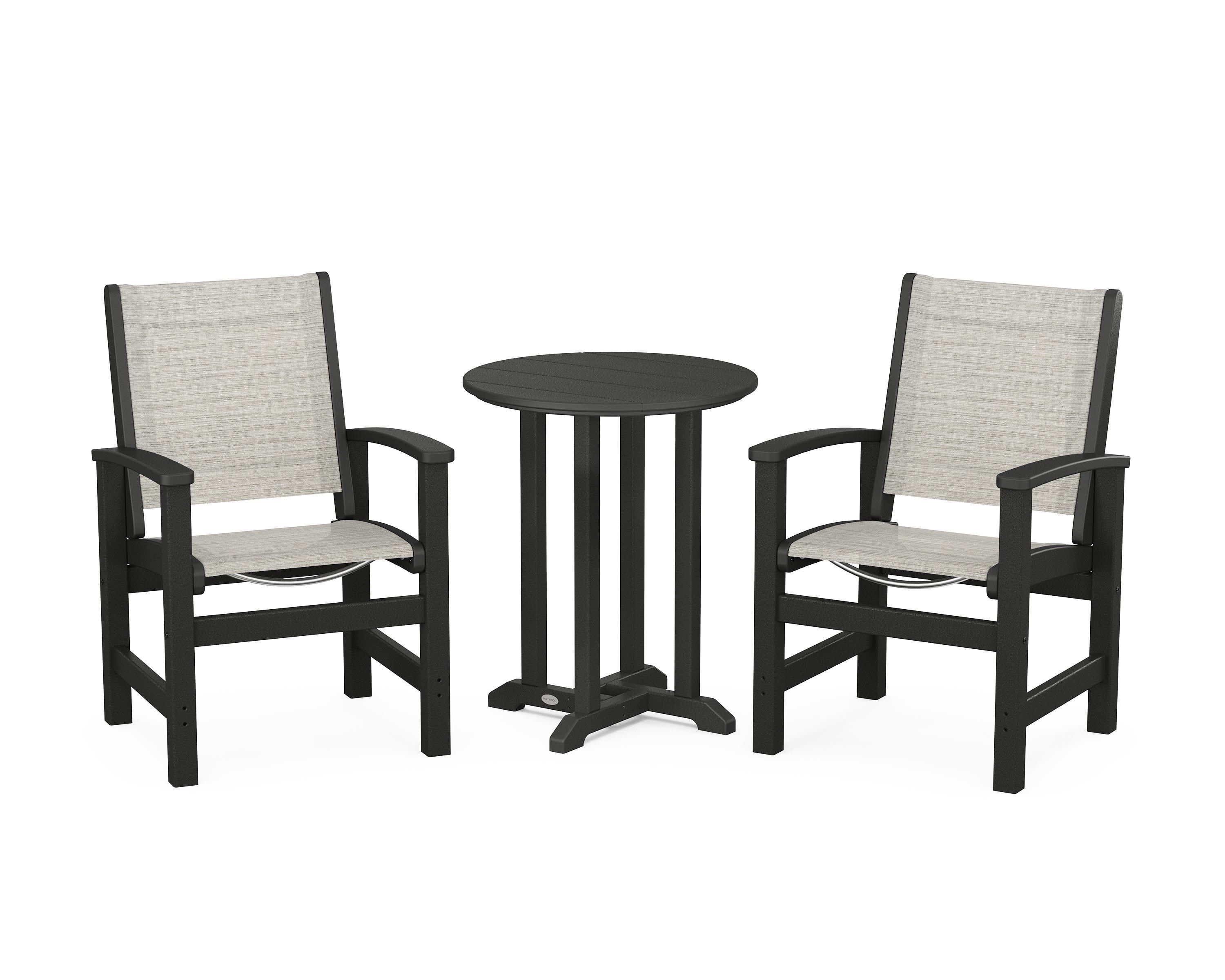 POLYWOOD Coastal 3-Piece Round Bistro Dining Set in Black / Birch Sling