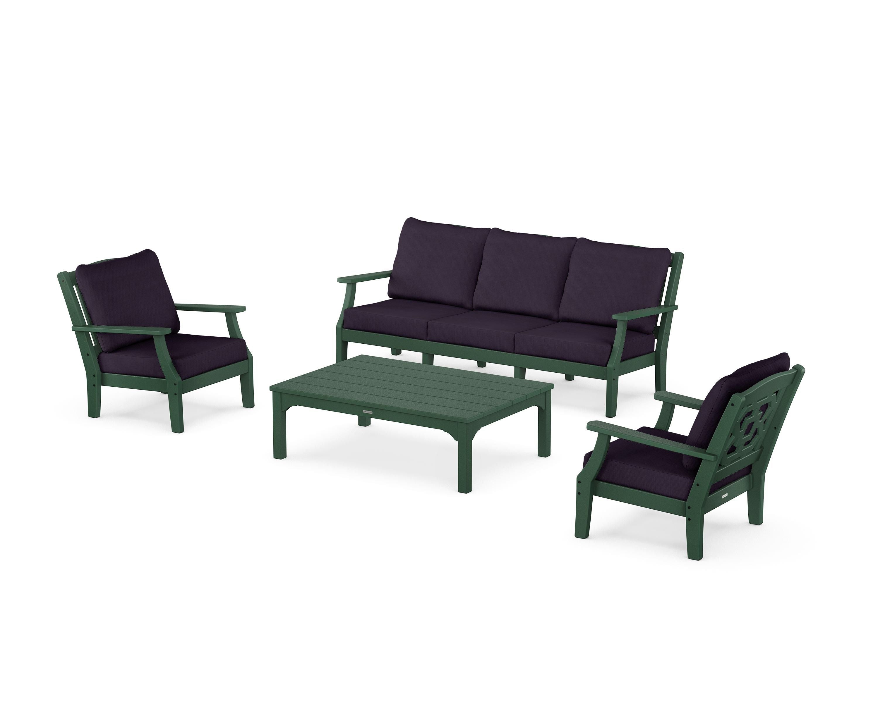 Martha Stewart by POLYWOOD Chinoiserie 4-Piece Deep Seating Set with Sofa in Green / Navy Linen
