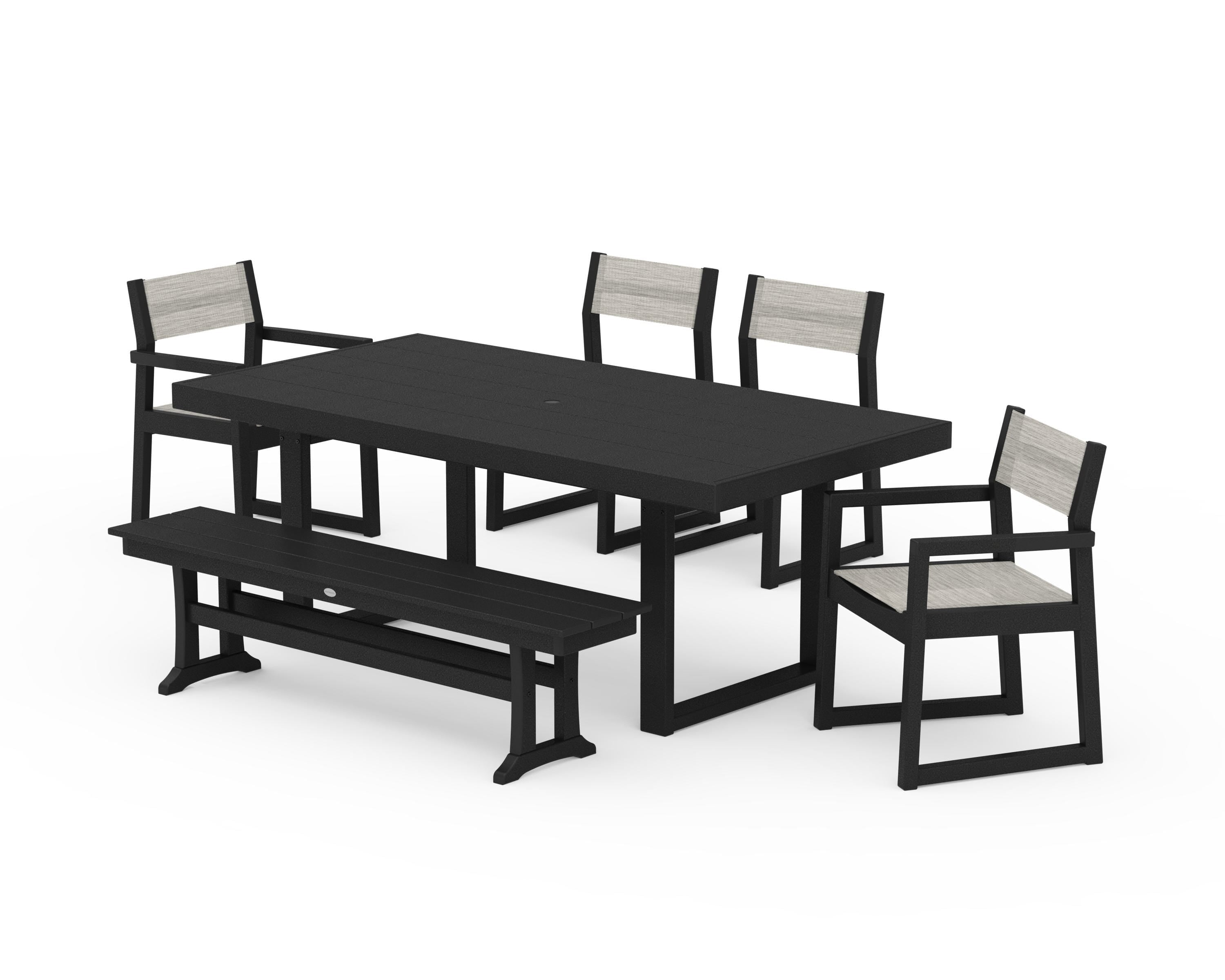POLYWOOD EDGE Sling 6-Piece Dining Set with Bench in Black / Birch Sling