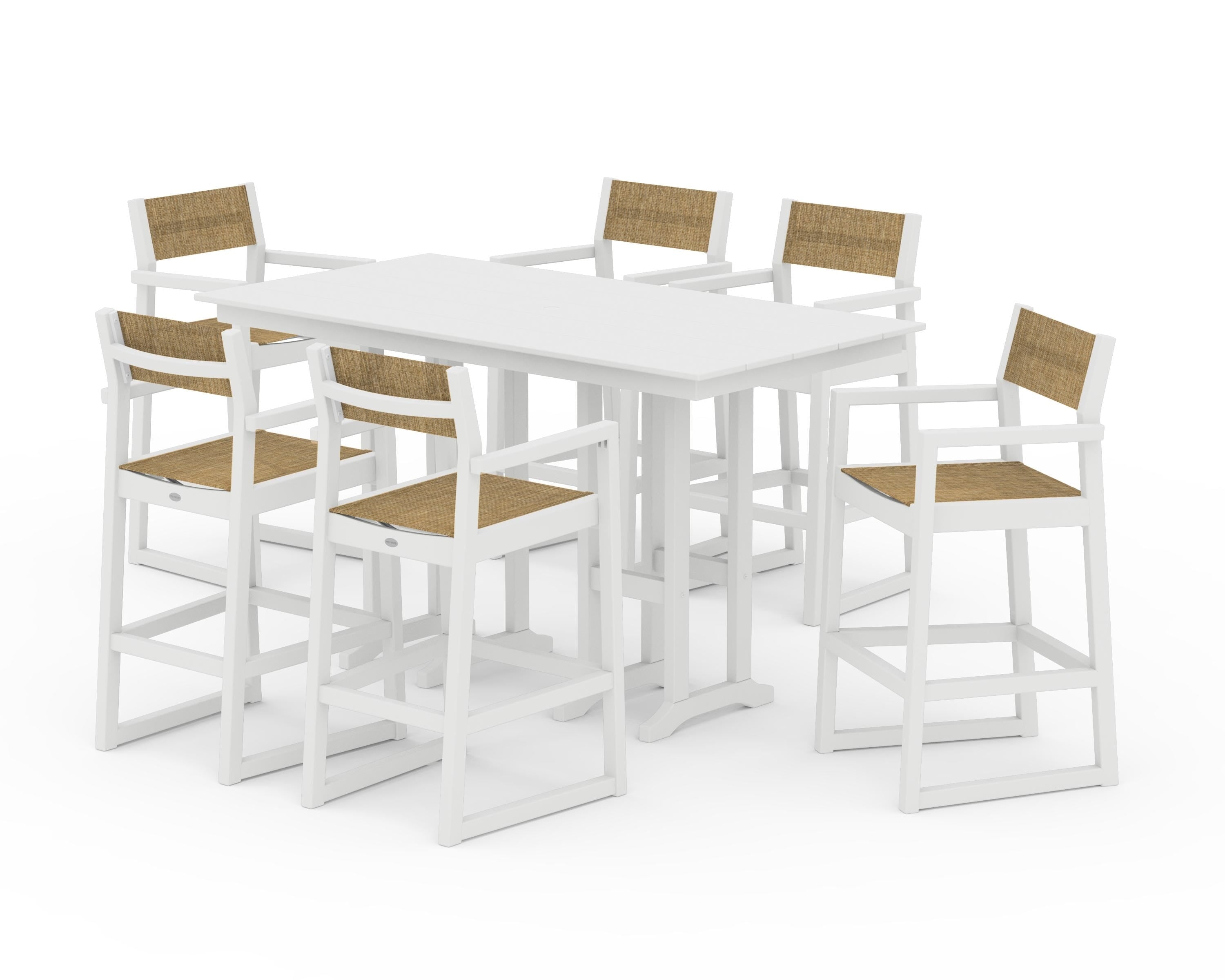 POLYWOOD EDGE Sling Arm Chair 7-Piece Farmhouse Bar Set in White / Burlap Sling