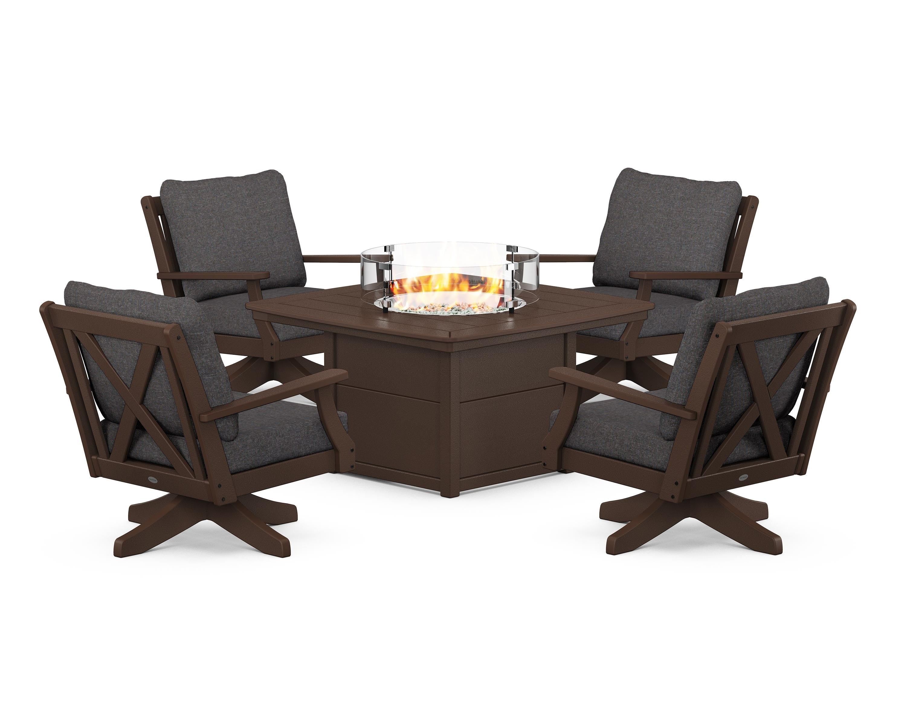 POLYWOOD Braxton 5-Piece Deep Seating Swivel Conversation Set with Fire Pit Table in Mahogany / Ash Charcoal