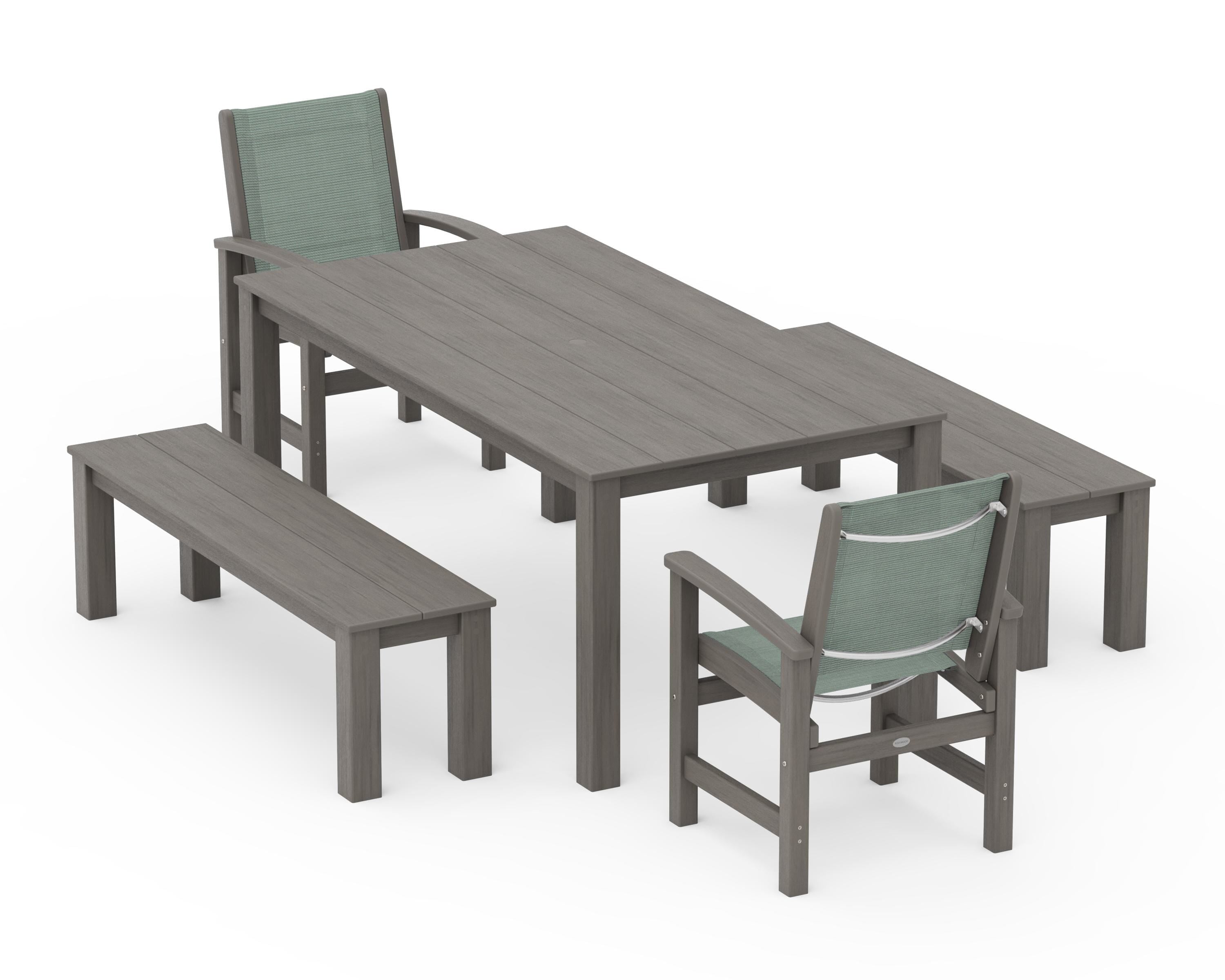 POLYWOOD Coastal 5-Piece Parsons Dining Set with Benches in Driftwood / Dupioni Sea Mist Sling